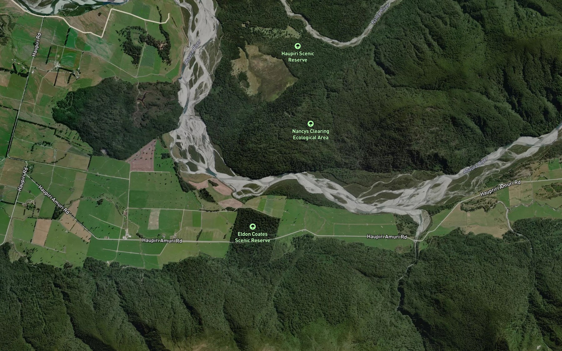 Satellite map of the Ahaura River