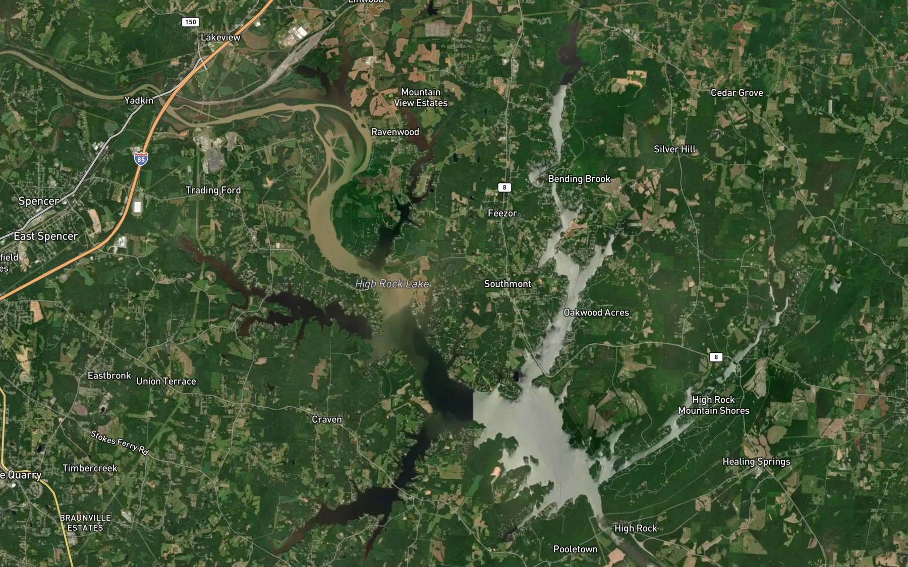 Satellite map of the High Rock Lake