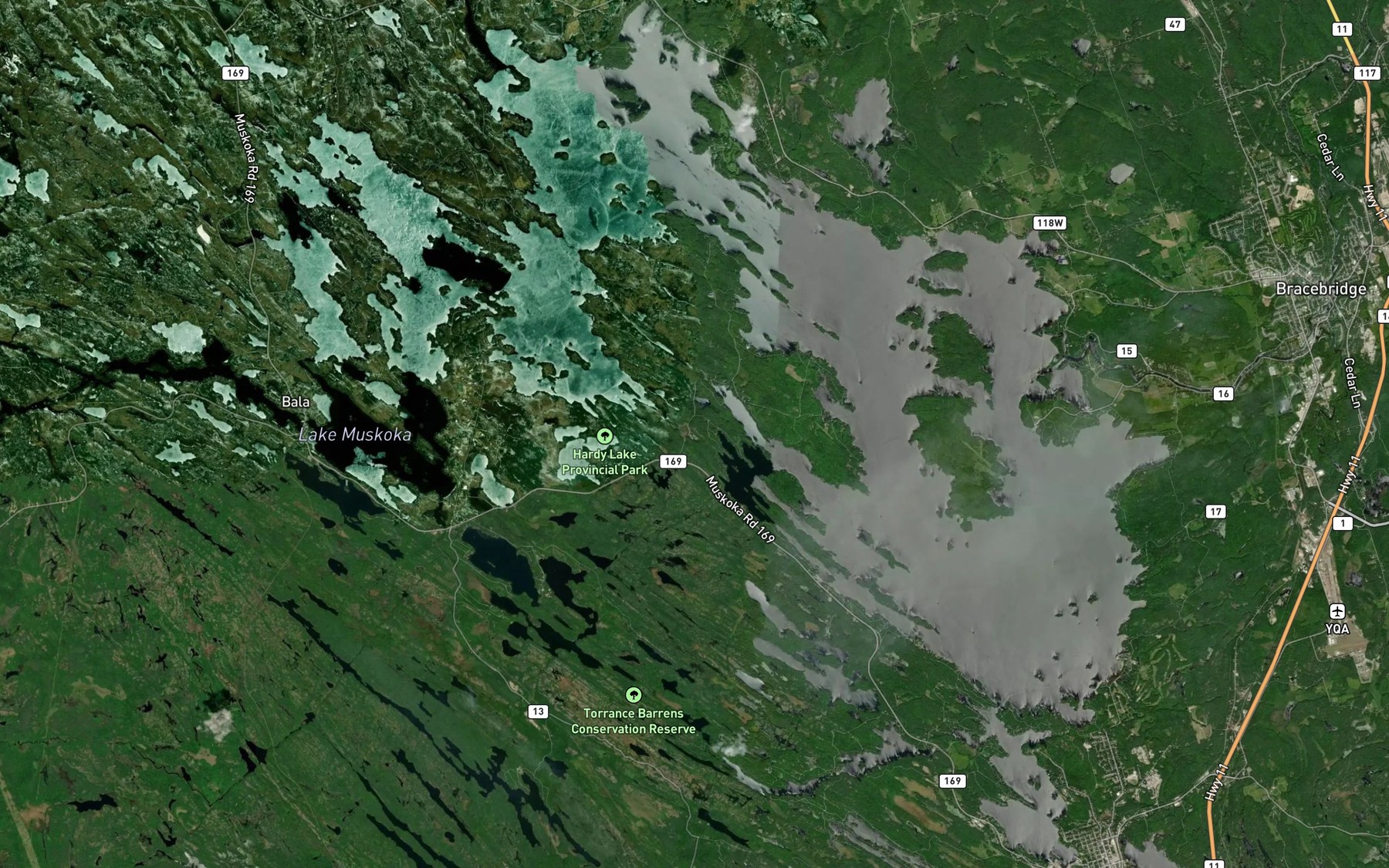 Satellite map of the Muskoka River