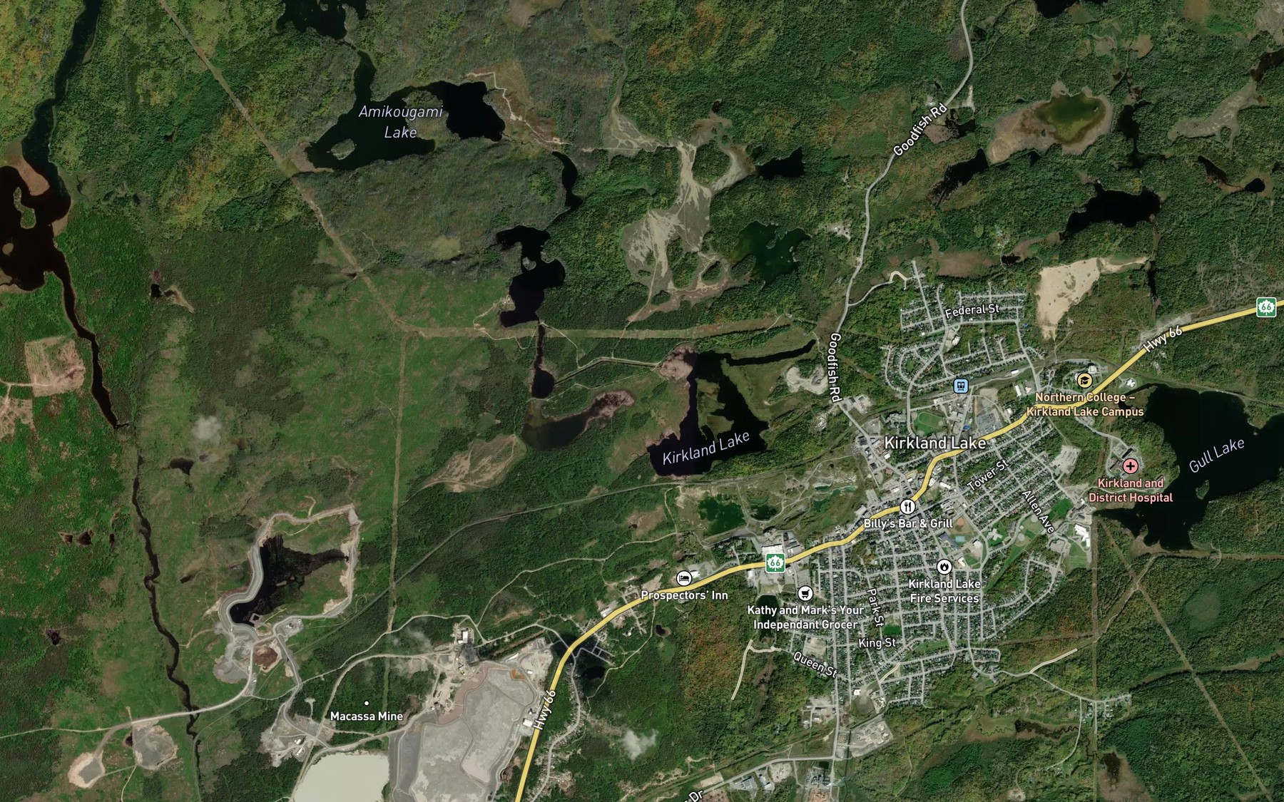 Satellite map of the Kirkland Lake