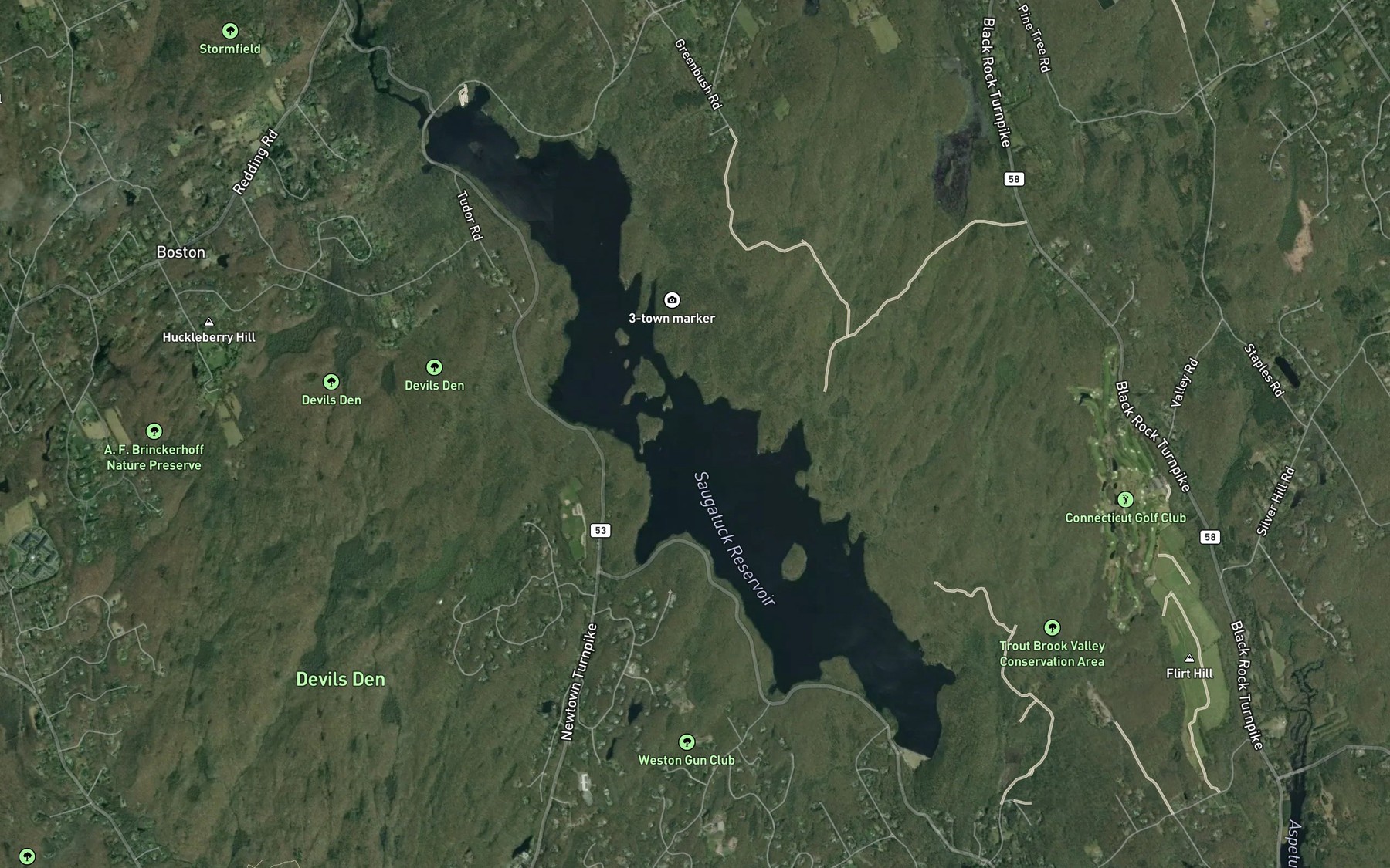 Satellite map of the Saugatuck Reservoir