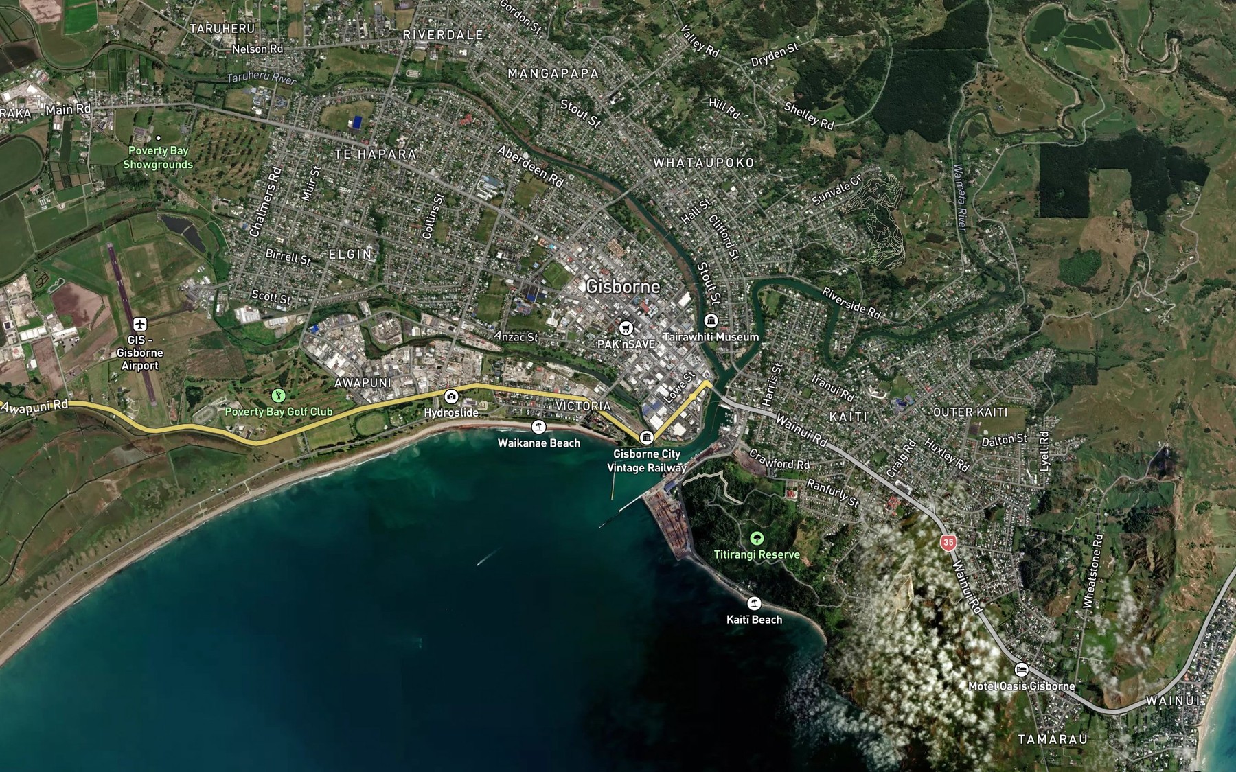 Satellite map of the Turanganui River