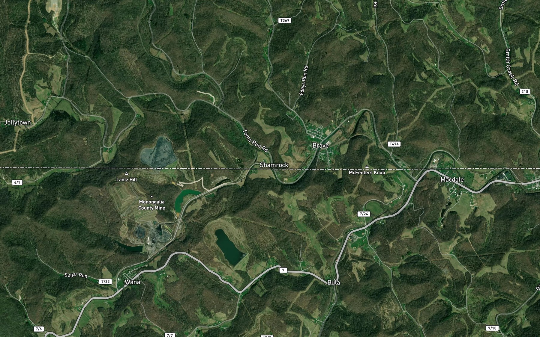 Satellite map of the West Virginia Fork Dunkard Creek
