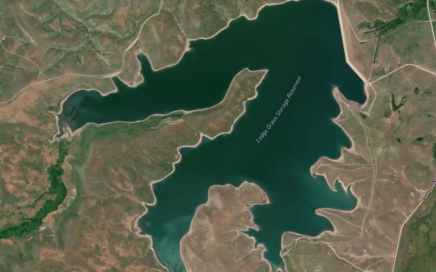 Satellite map of the Lodge Grass Storage Reservoir