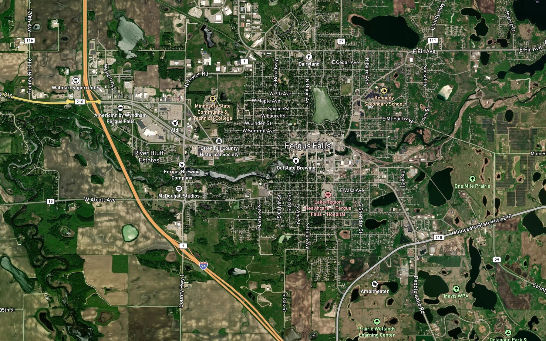 Satellite map of the Otter Tail River Reservoir