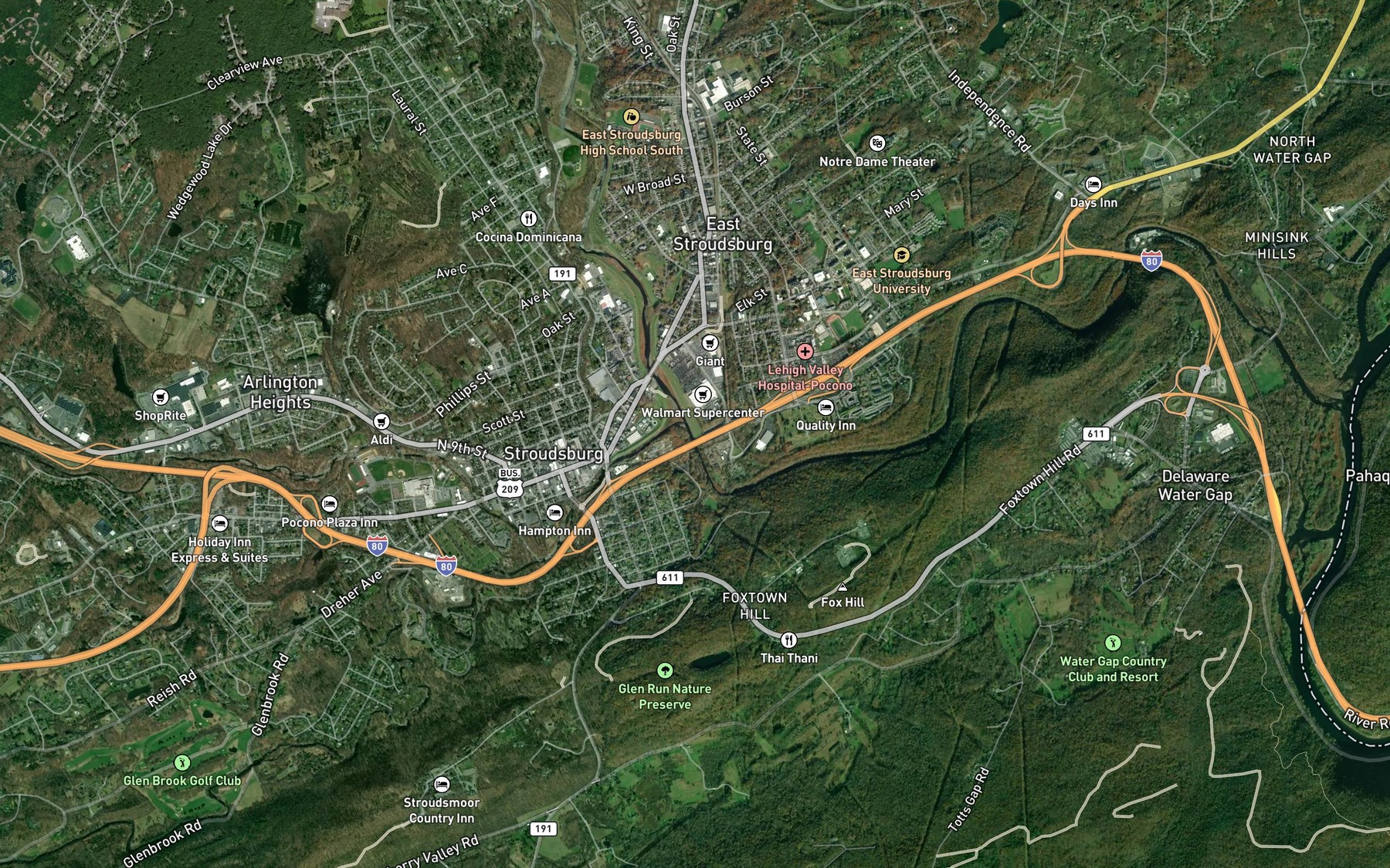 Satellite map of the Pocono Creek