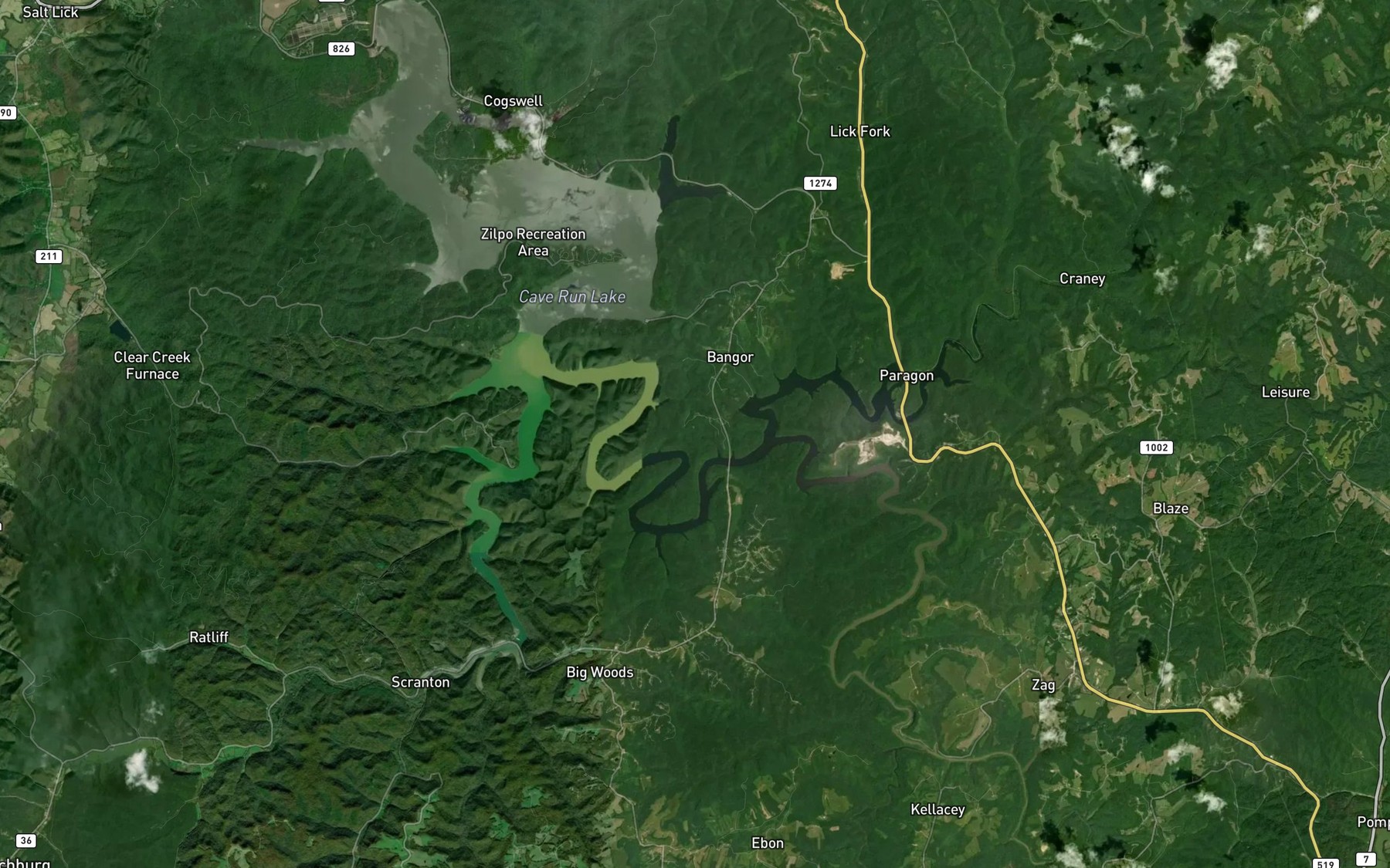 Satellite map of the Cave Run Lake
