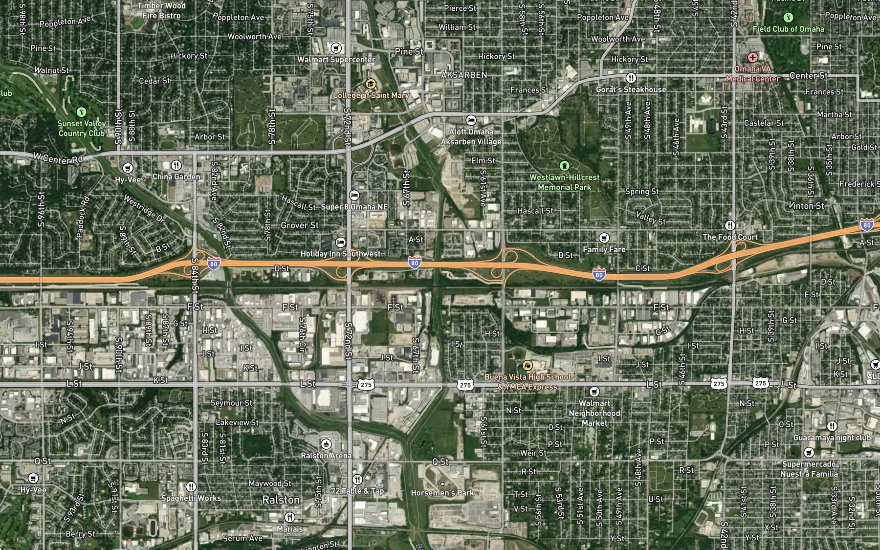 Satellite map of the Little Papillion Creek