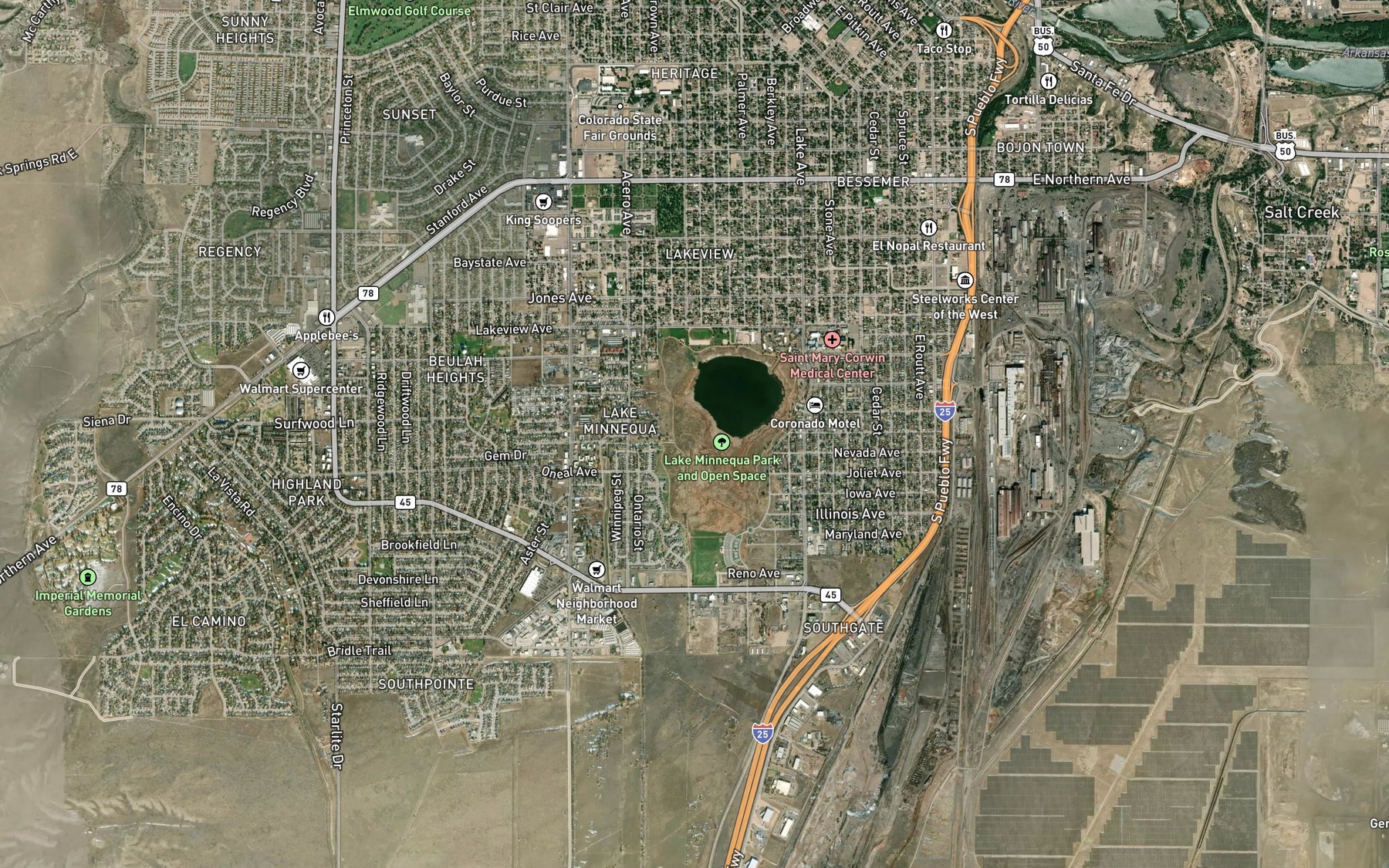 Satellite map of the Lake Minnequa Reservoir