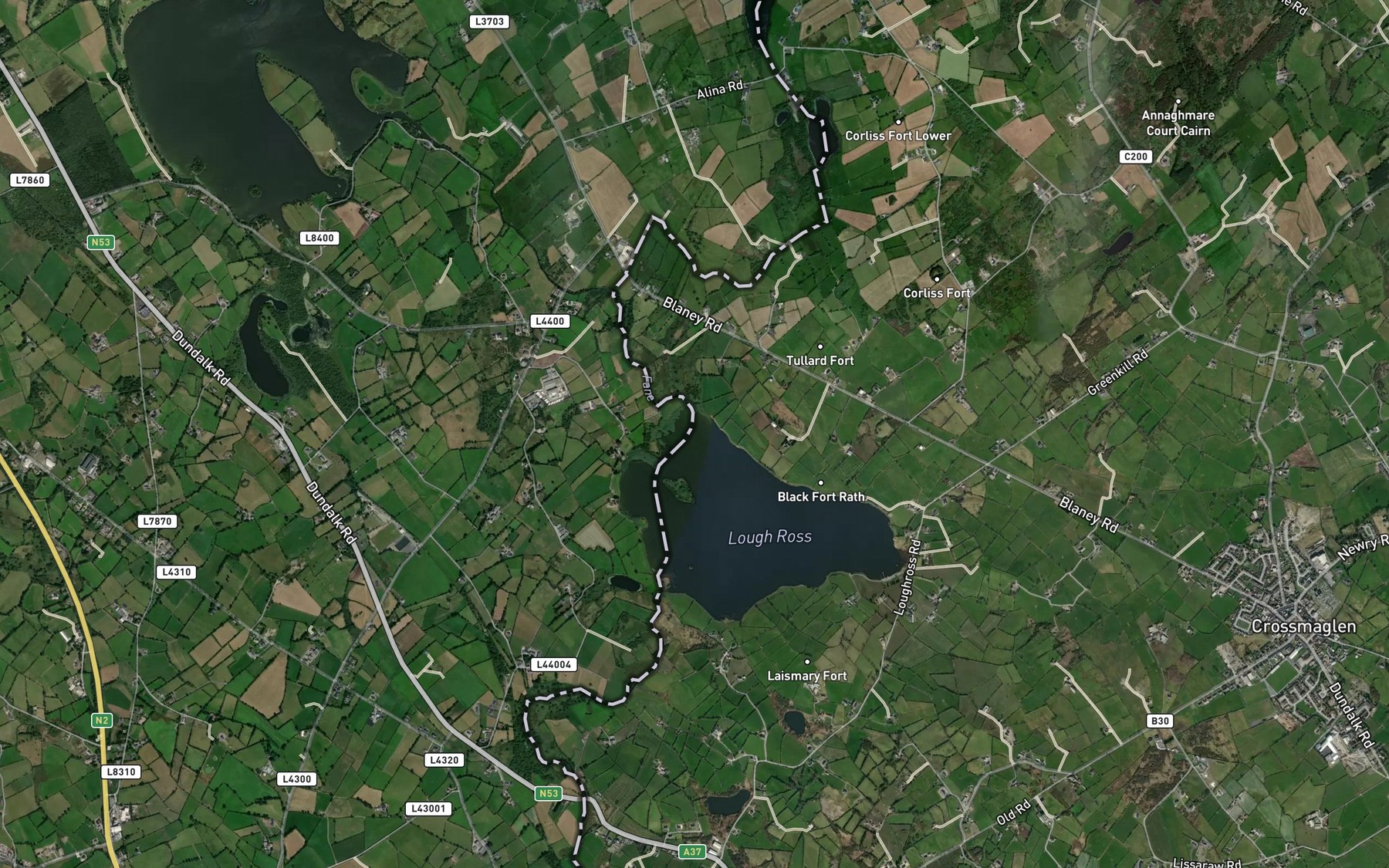 Satellite map of the Clarebane River