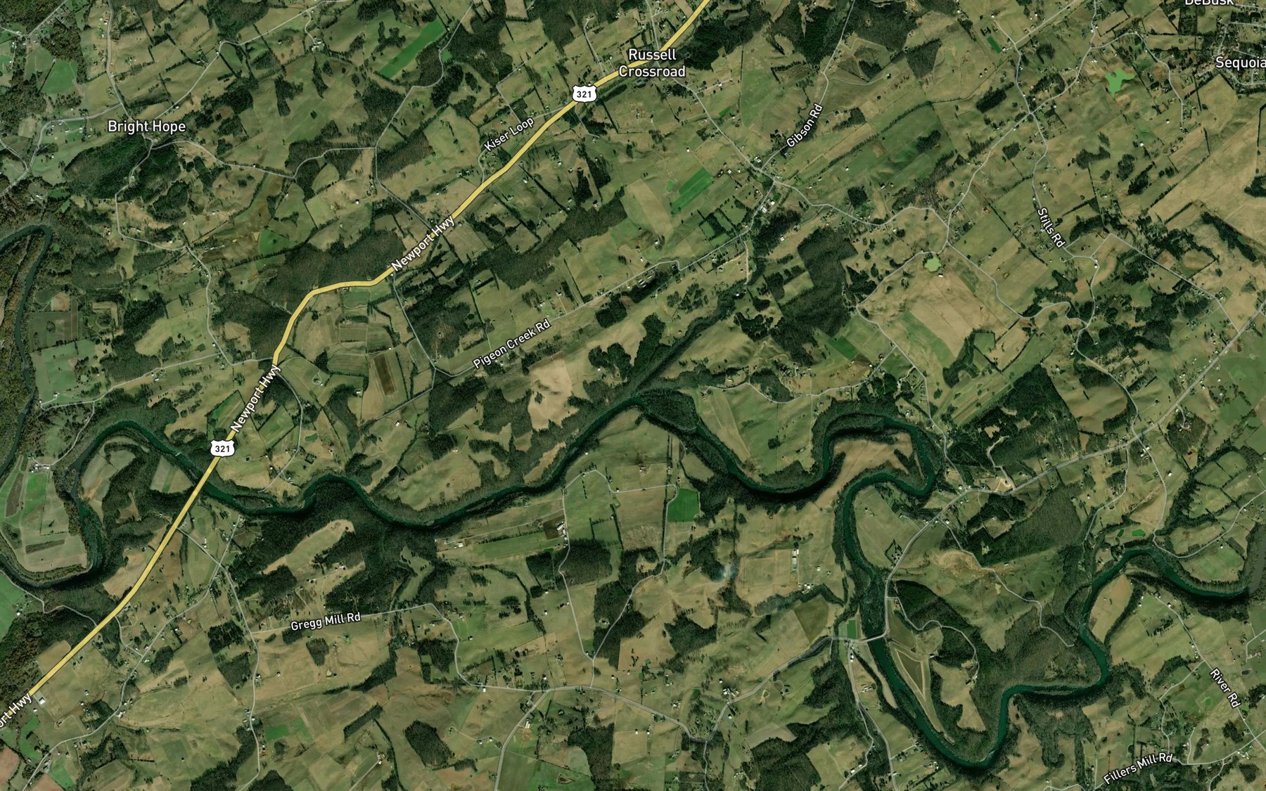 Satellite map of the Pigeon Creek