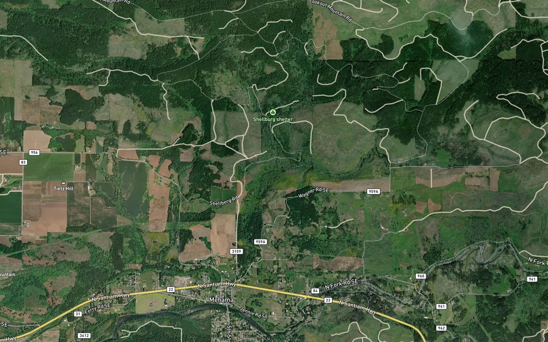 Satellite map of the Shellburg Creek