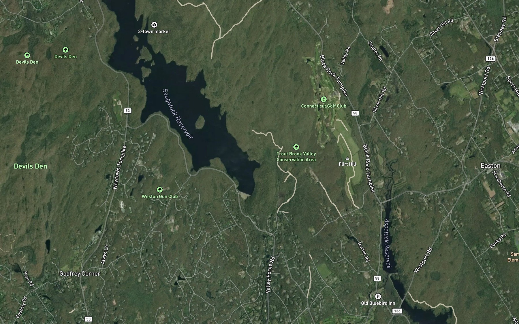 Satellite map of the Saugatuck Reservoir