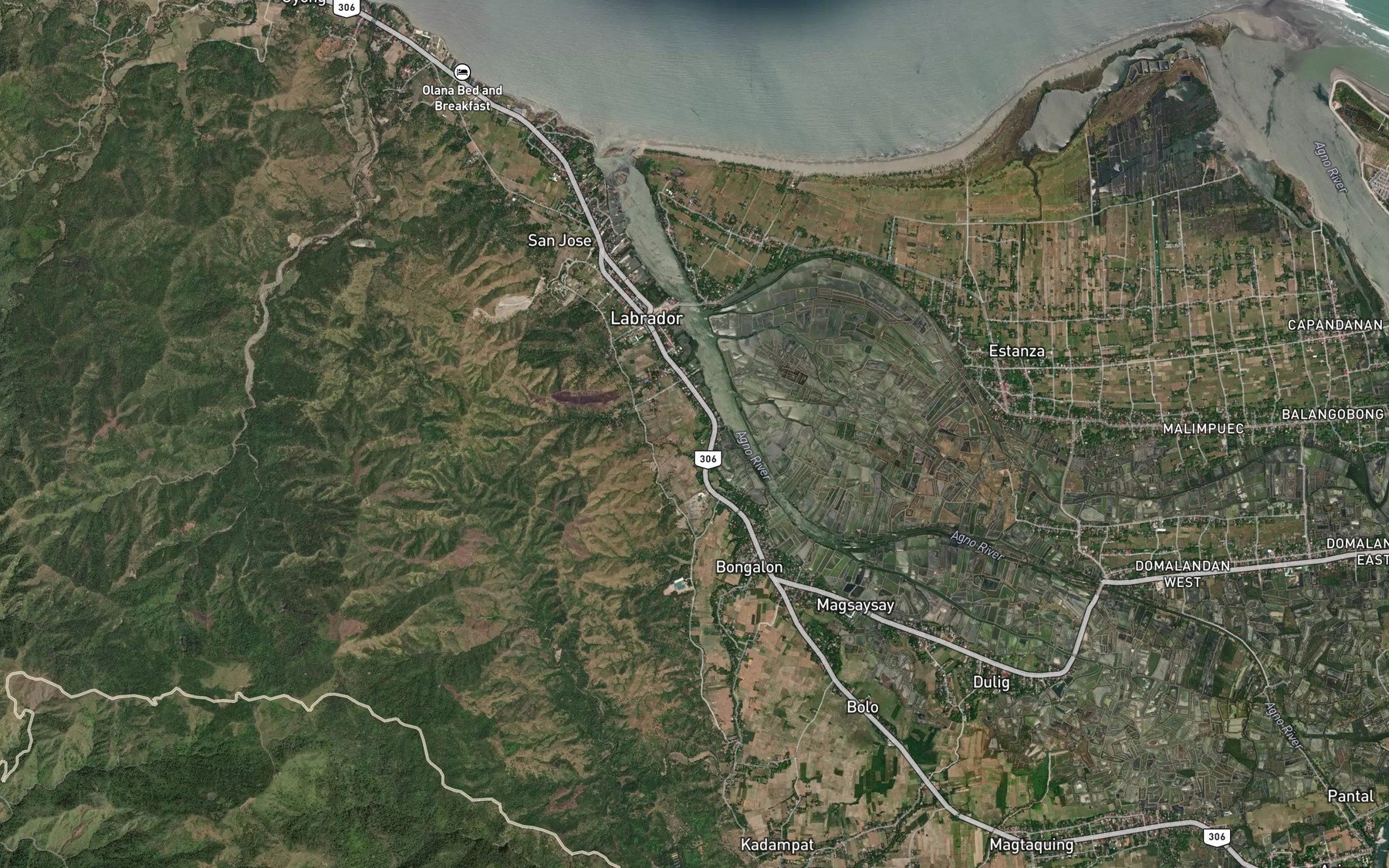 Satellite map of the Bugallon River