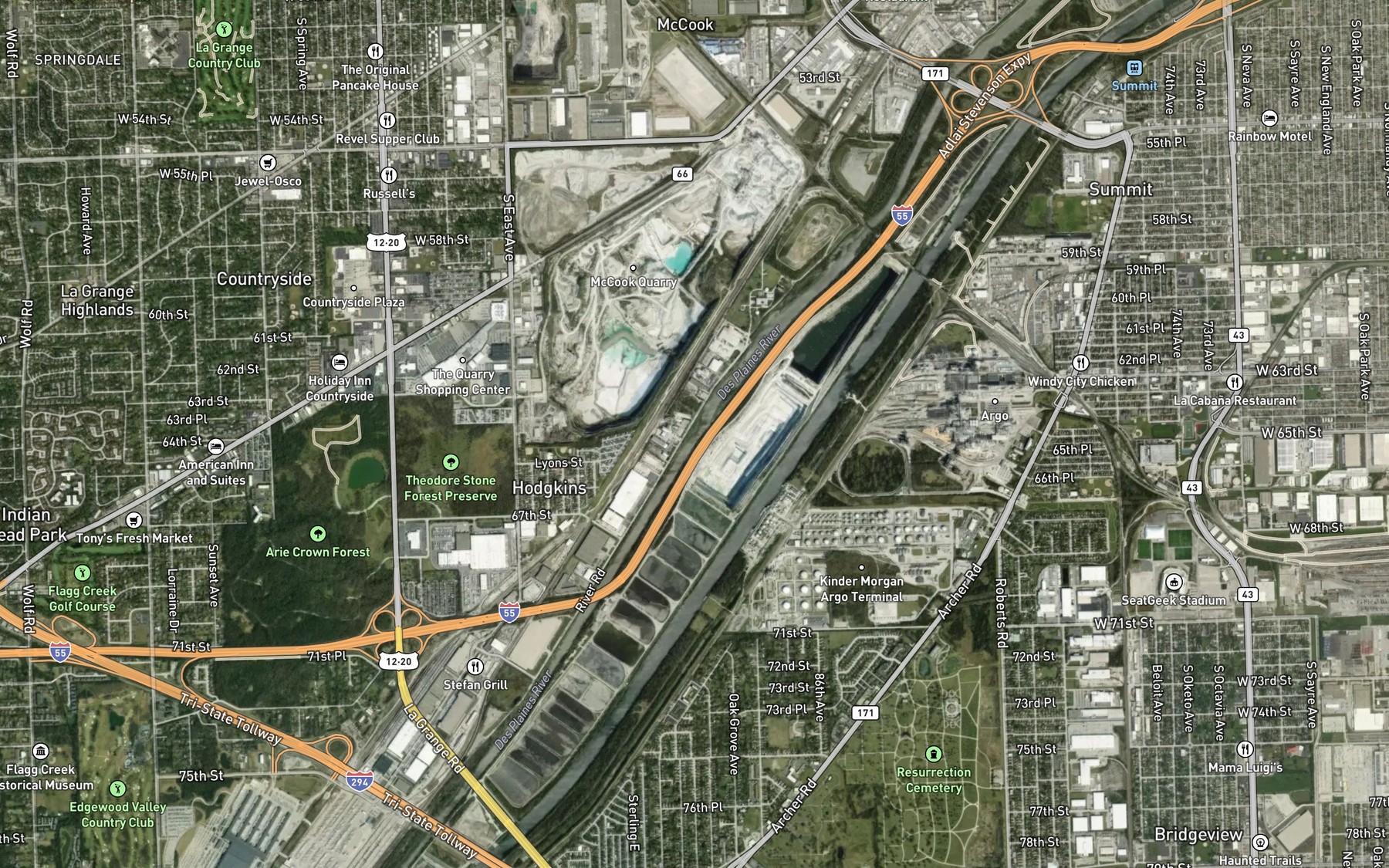 Satellite map of the Des Plaines River