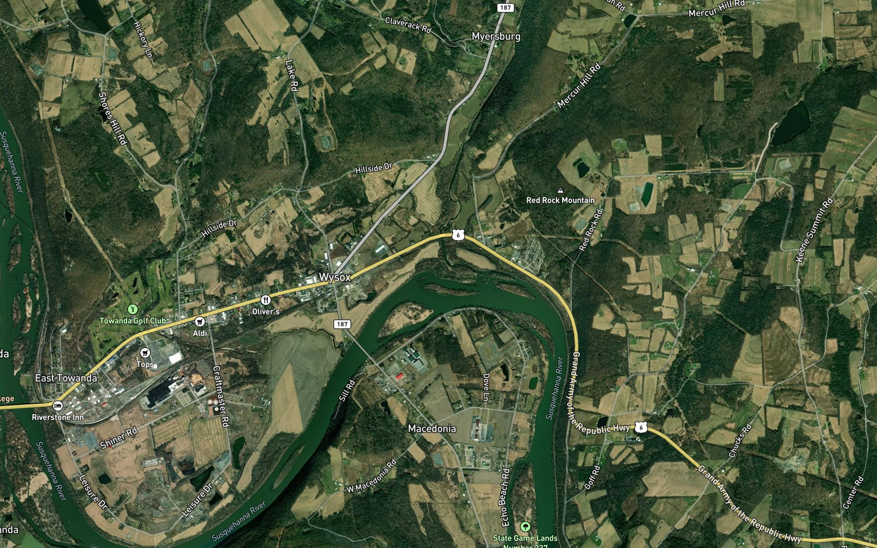 Satellite map of the Wysox Creek