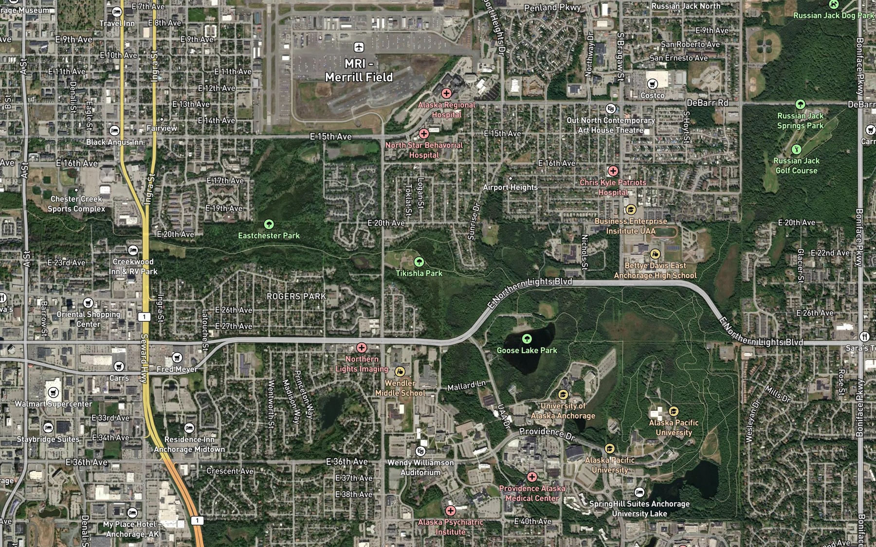 Satellite map of the Middle Fork Chester Creek