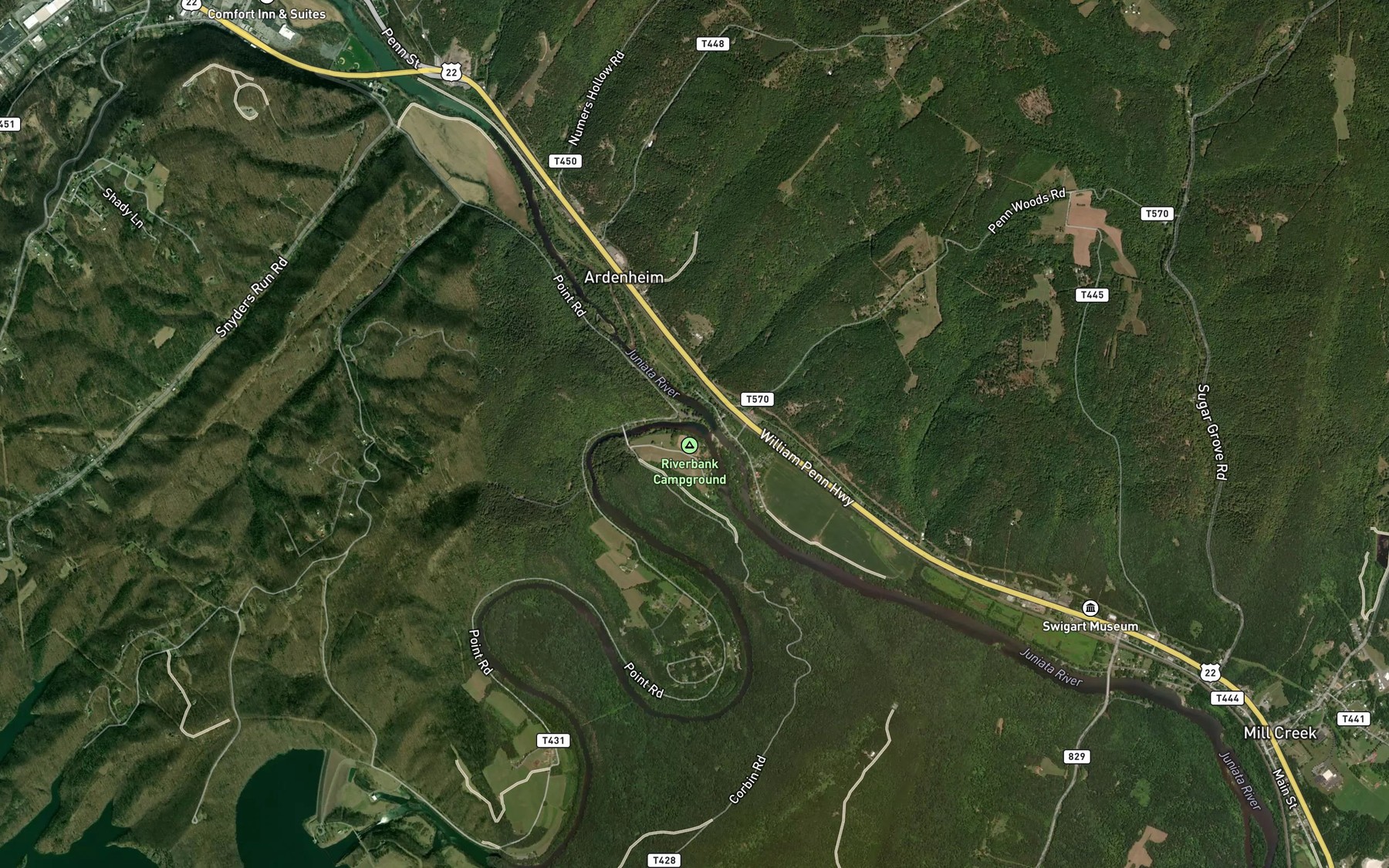 Satellite map of the Raystown Branch Juniata River