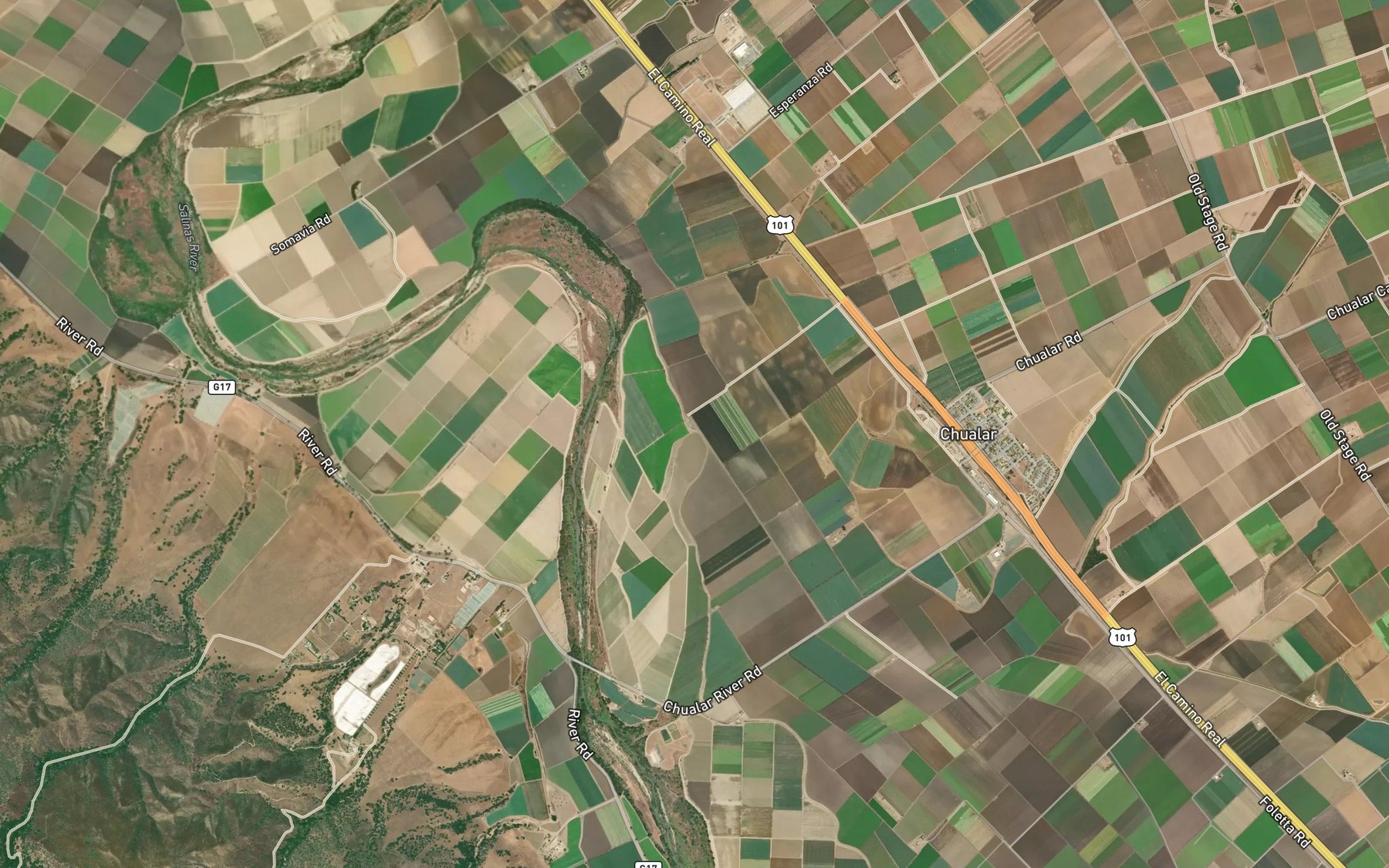 Satellite map of the Chualar Creek