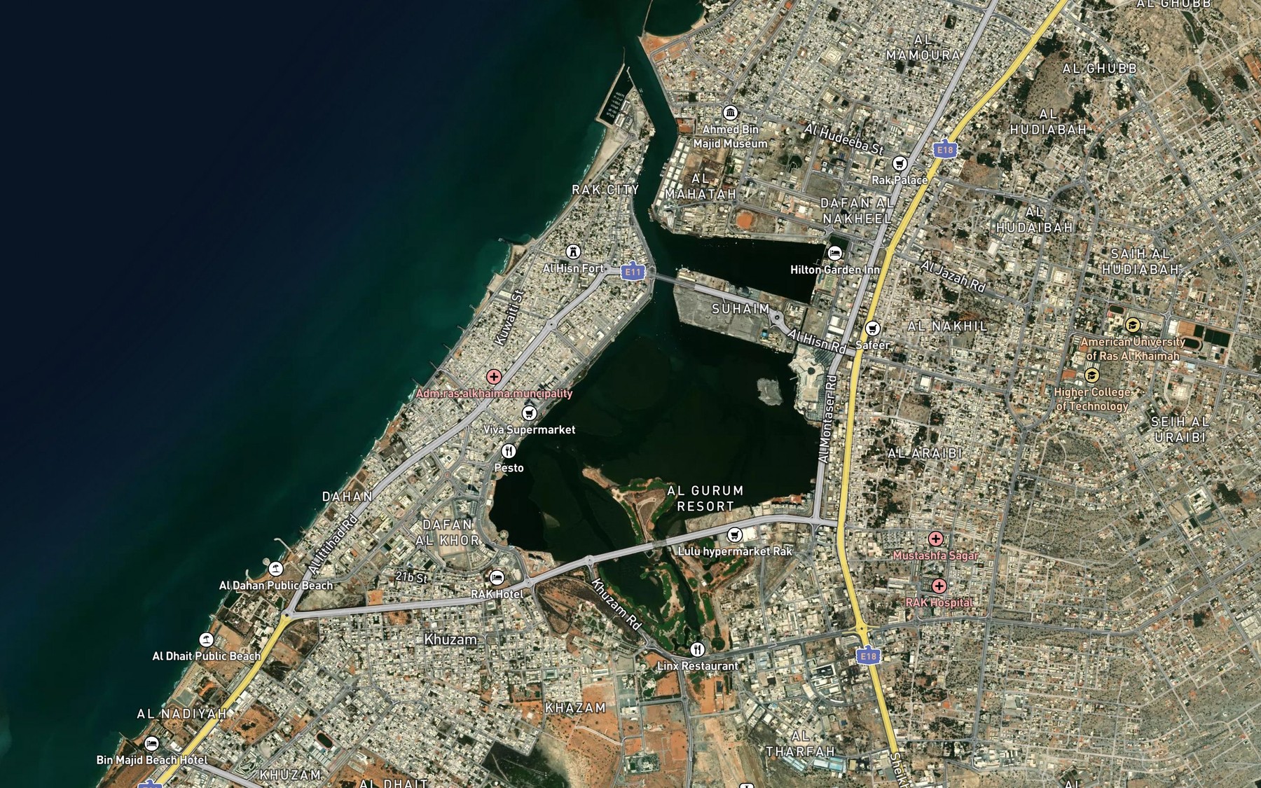 Satellite map of the Khawr Ra's al Khaymah