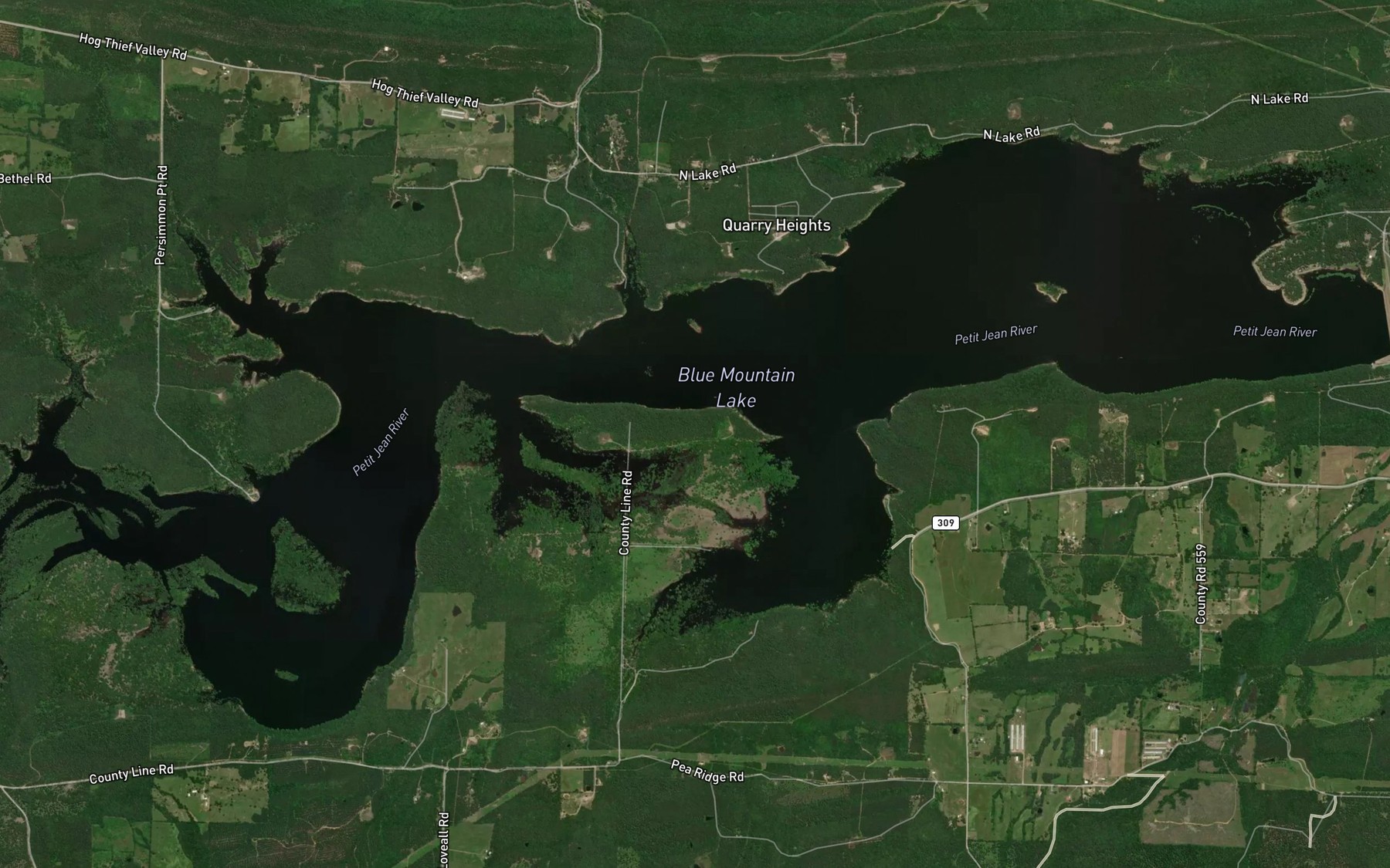 Satellite map of the Blue Mountain Lake