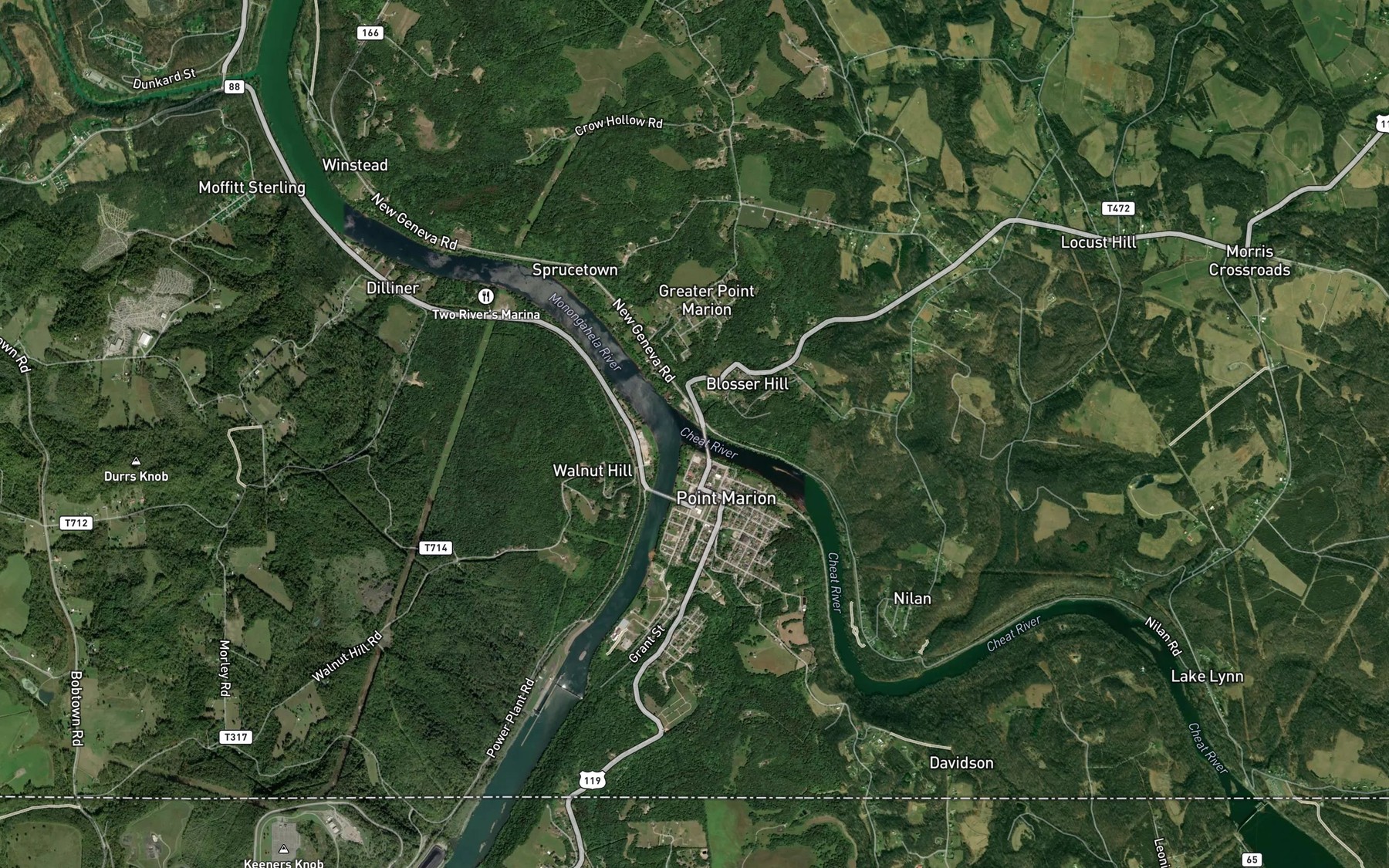 Satellite map of the Cheat River