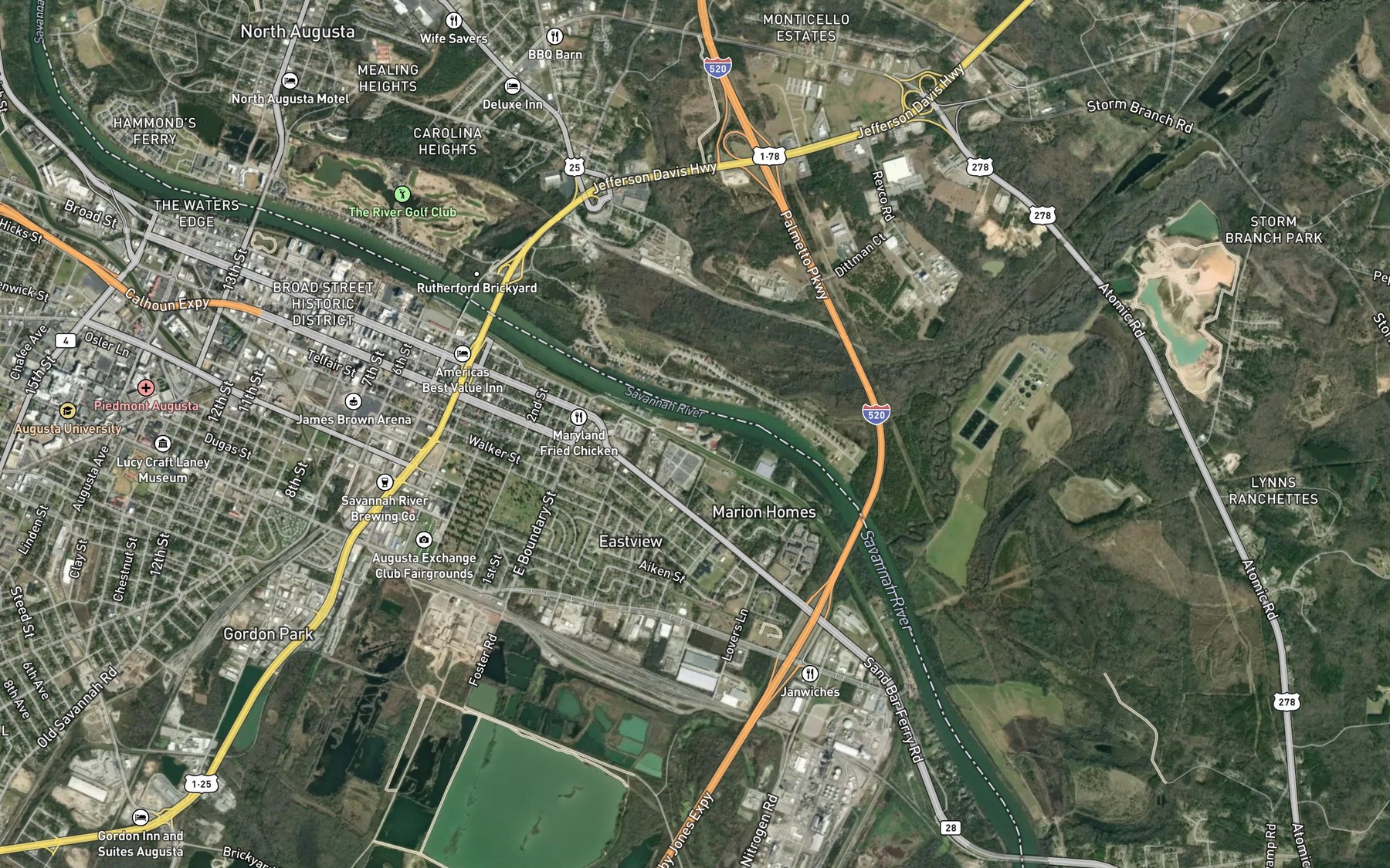 Satellite map of the Historic Augusta Canal and Industrial District