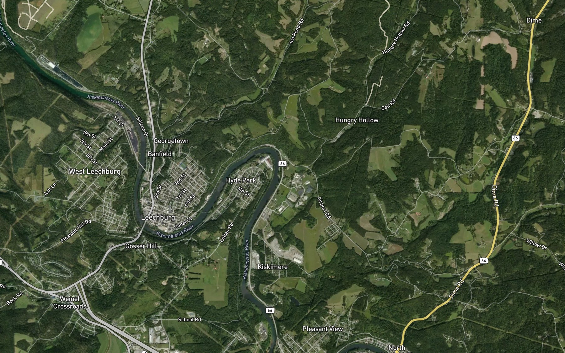 Satellite map of the Guffy Run