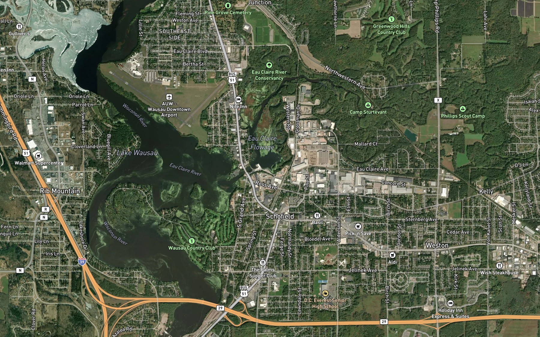 Satellite map of the Eau Claire Flowage