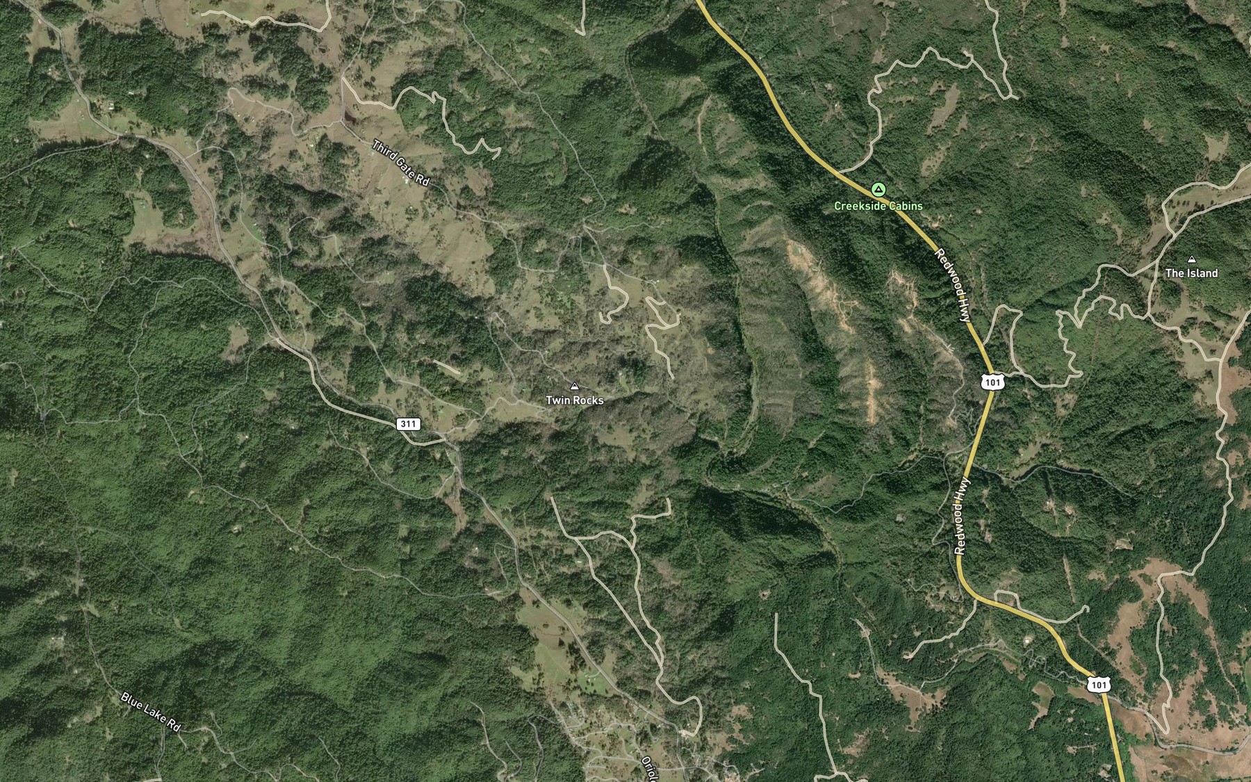 Satellite map of the Rowes Creek