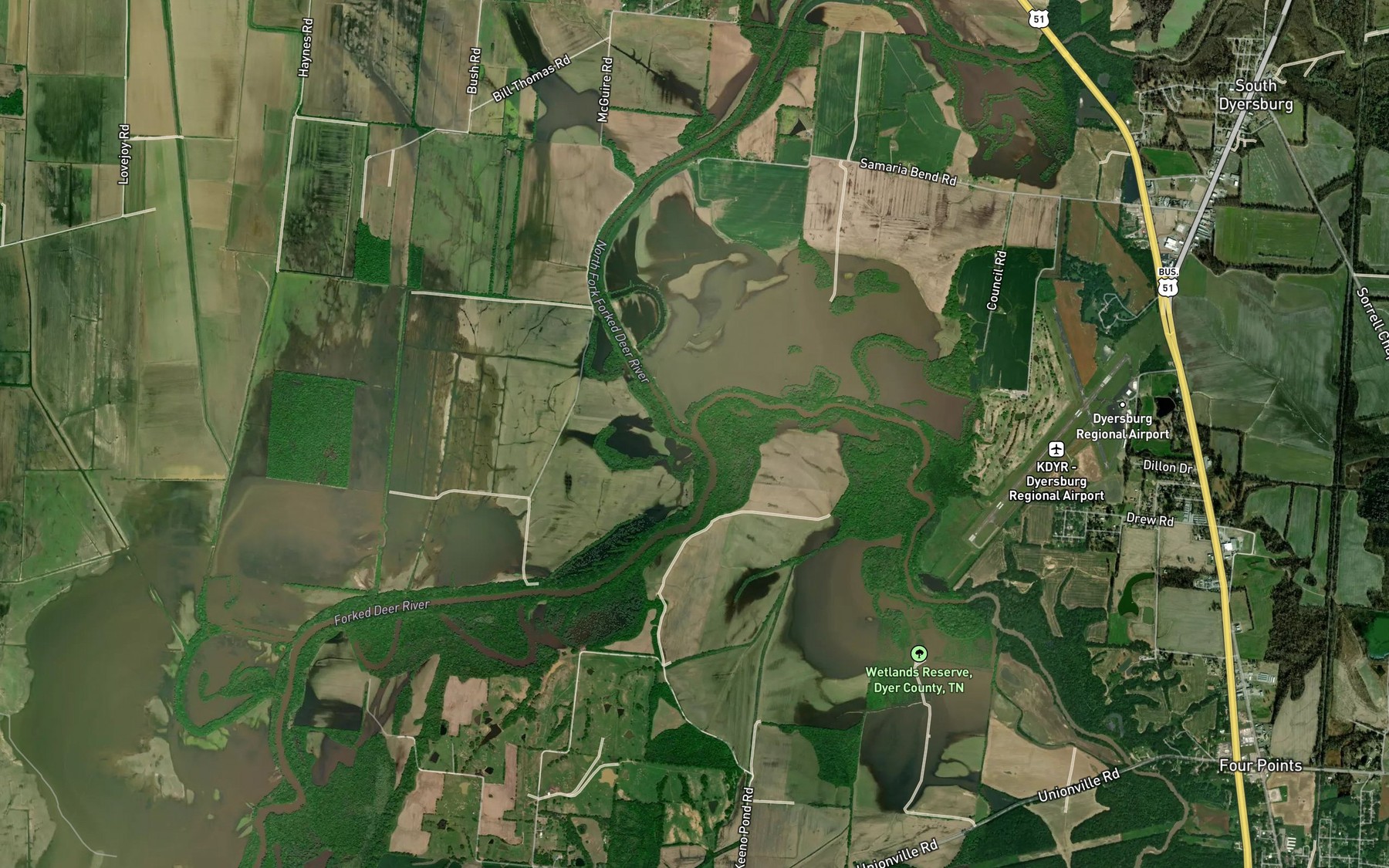 Satellite map of the North Fork Forked Deer River