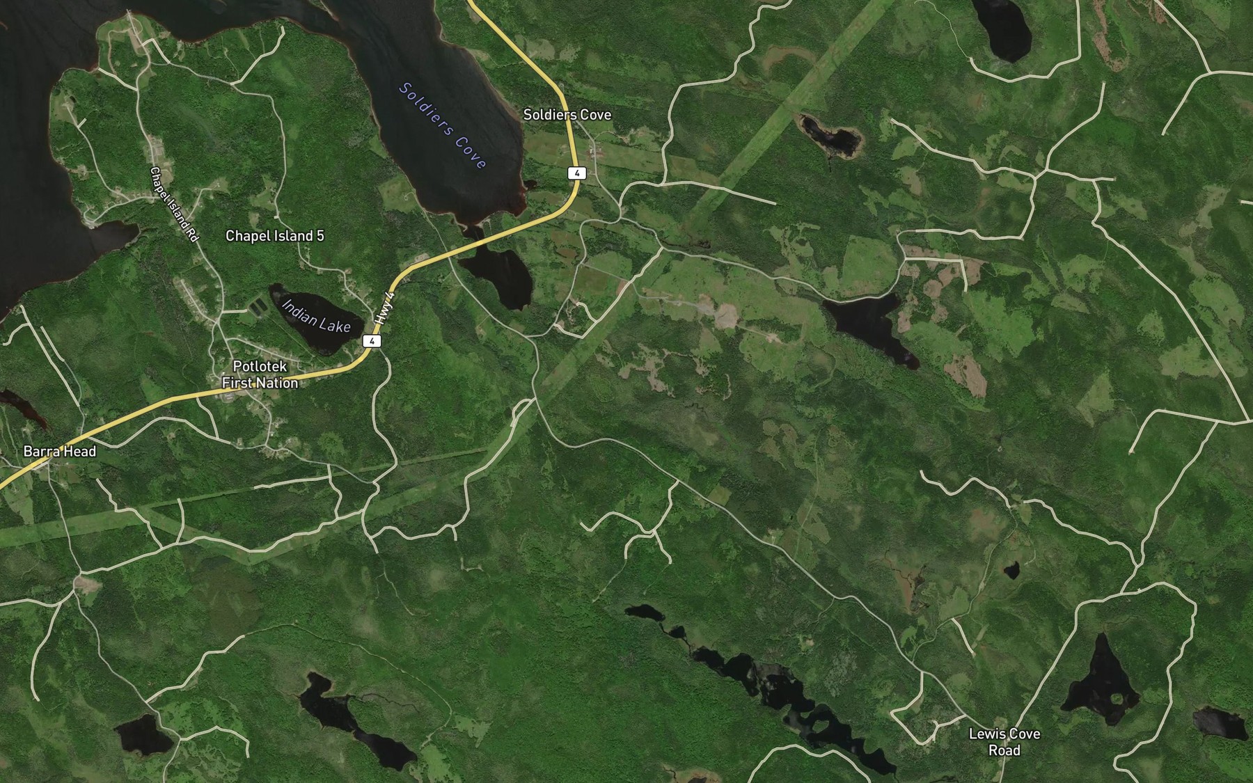 Satellite map of the Soldiers Cove Pond