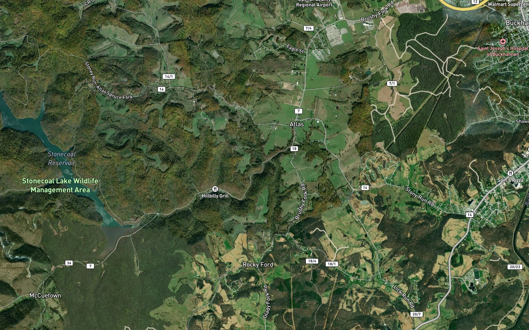 Satellite map of the Glady Fork