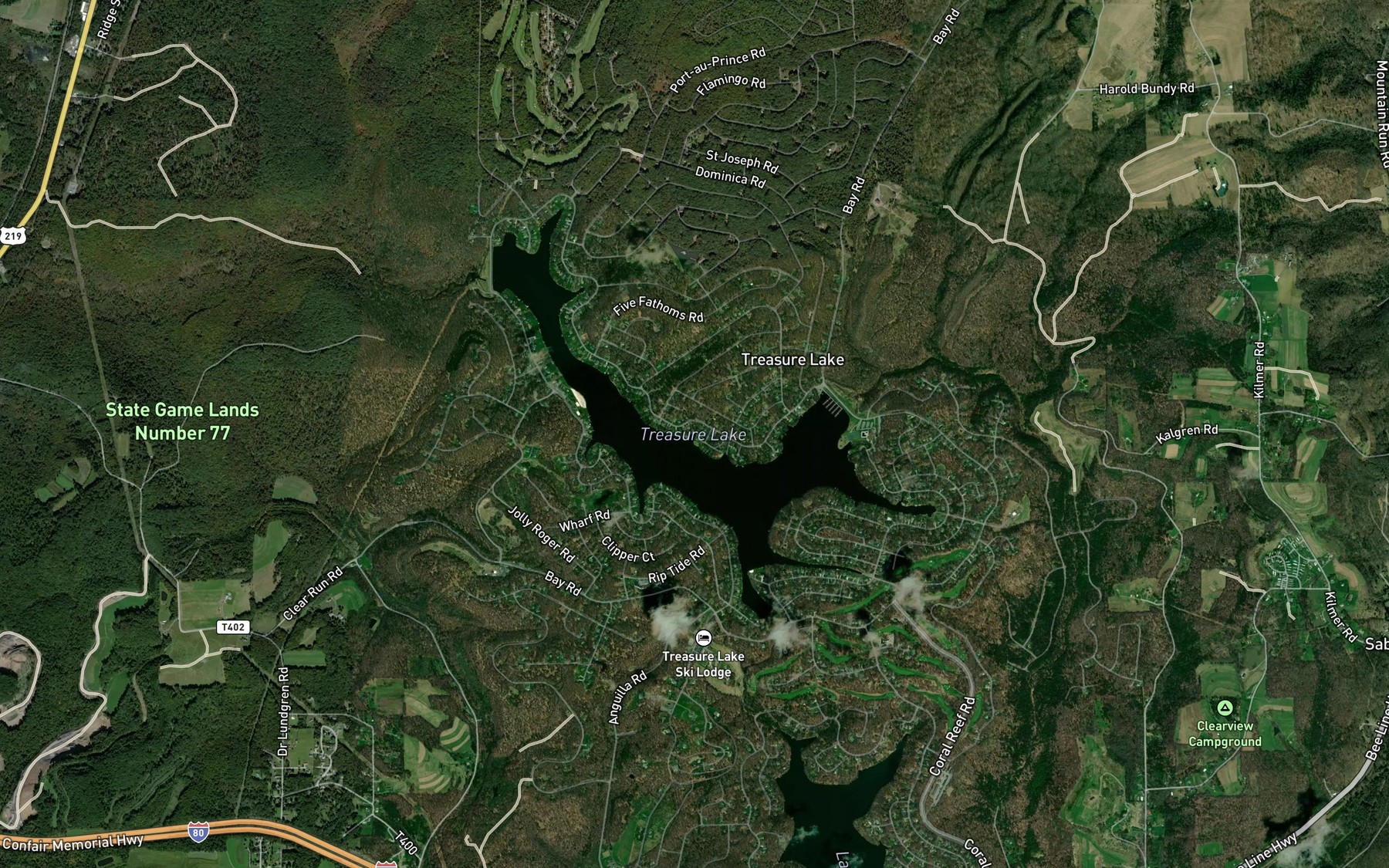 Satellite map of the Treasure Lake