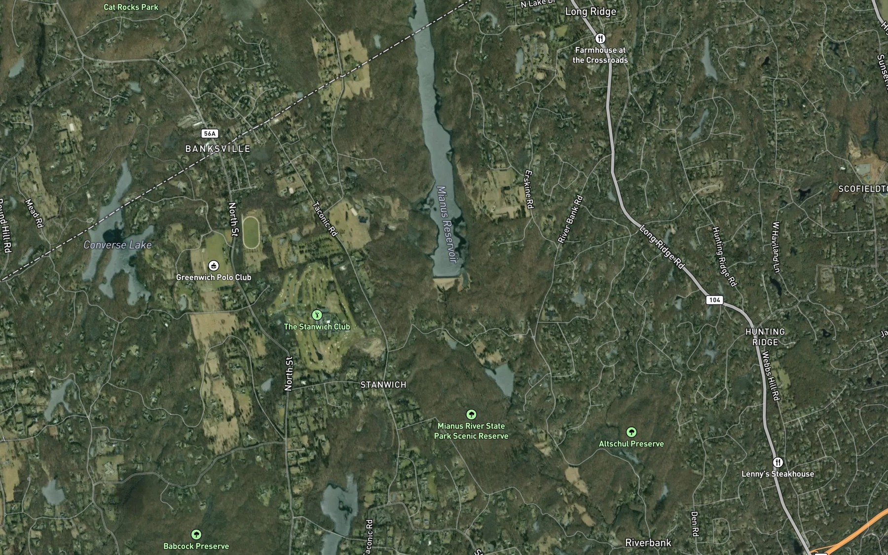 Satellite map of the Mianus Reservoir