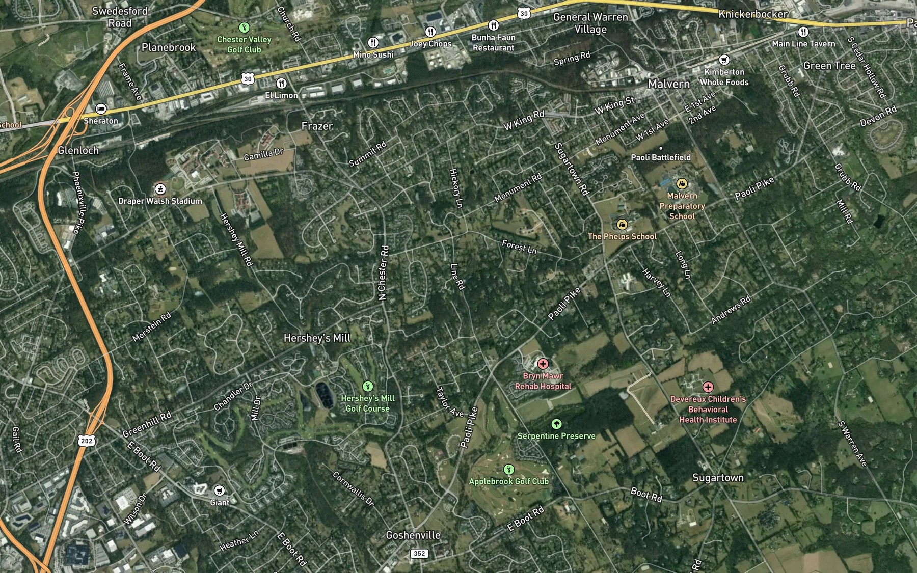 Satellite map of the Northeast Branch Ridley Creek