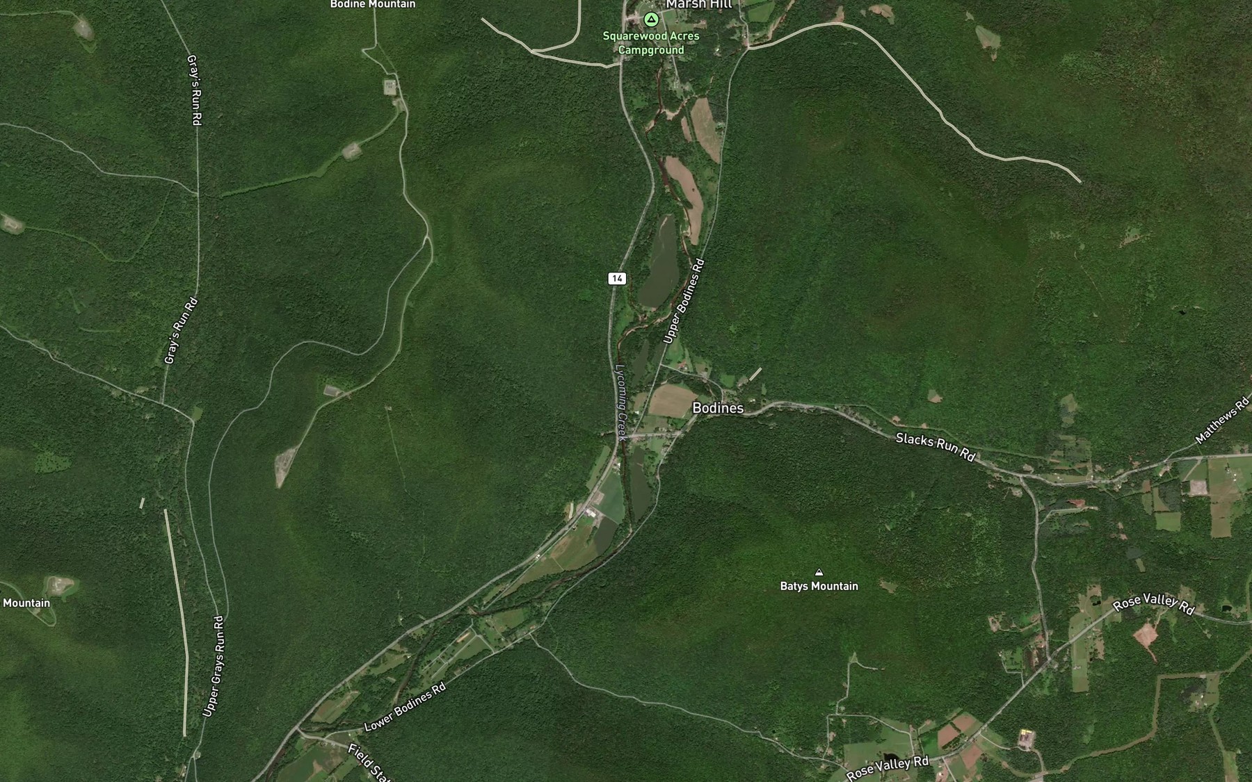 Satellite map of the Slacks Run