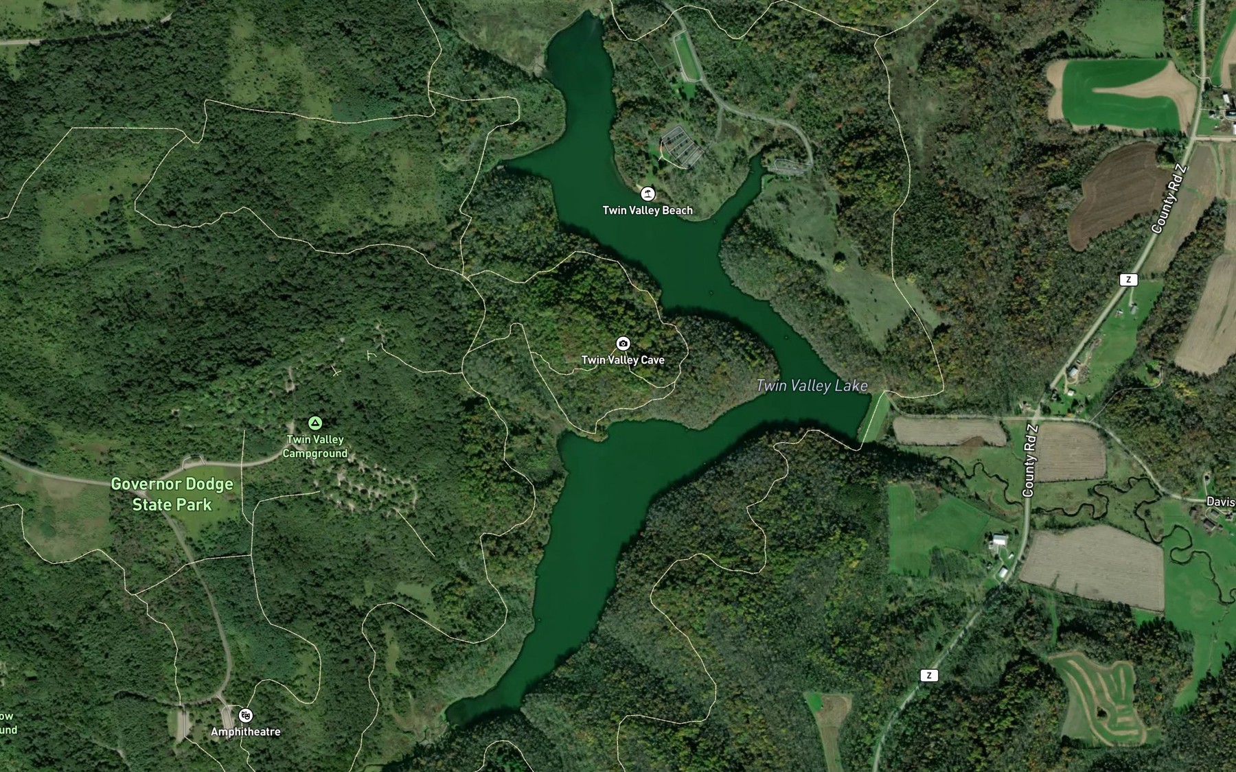 Satellite map of the Twin Valley Lake