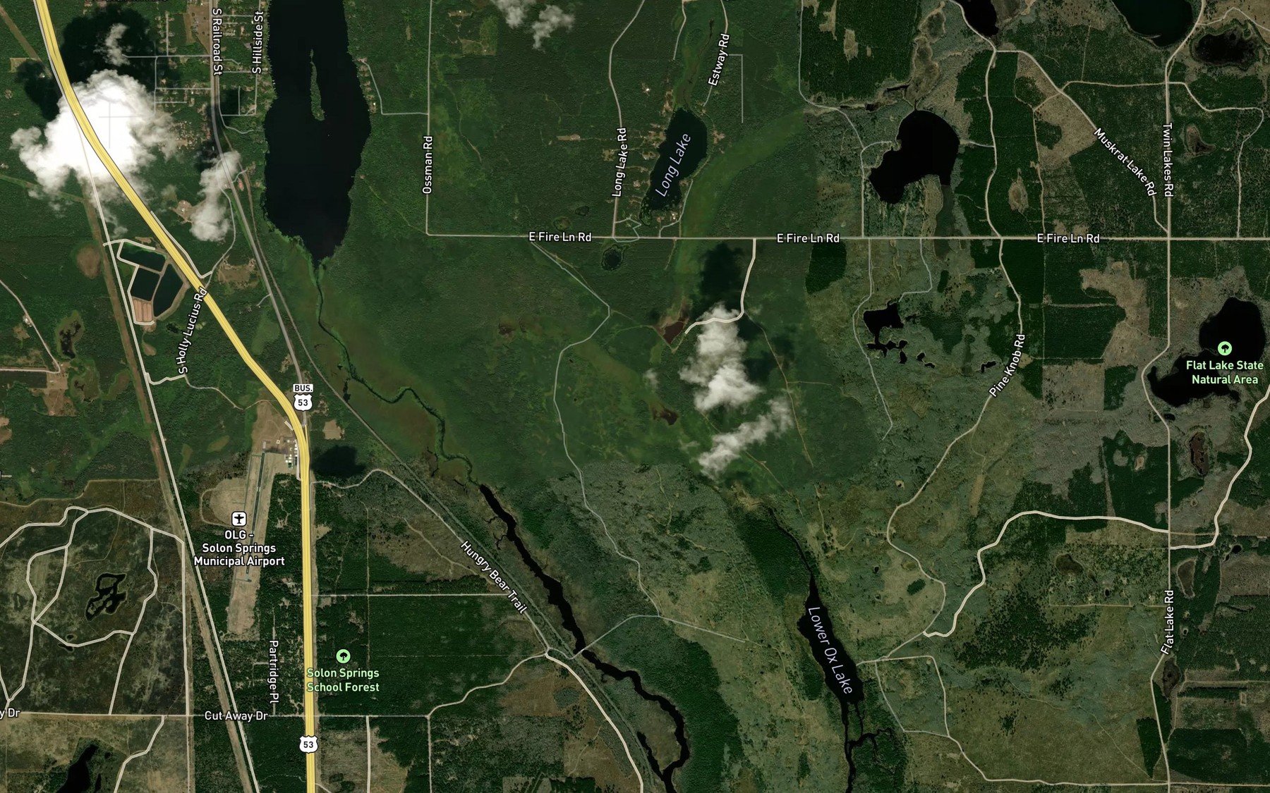 Satellite map of the Olson Meadows Flowage