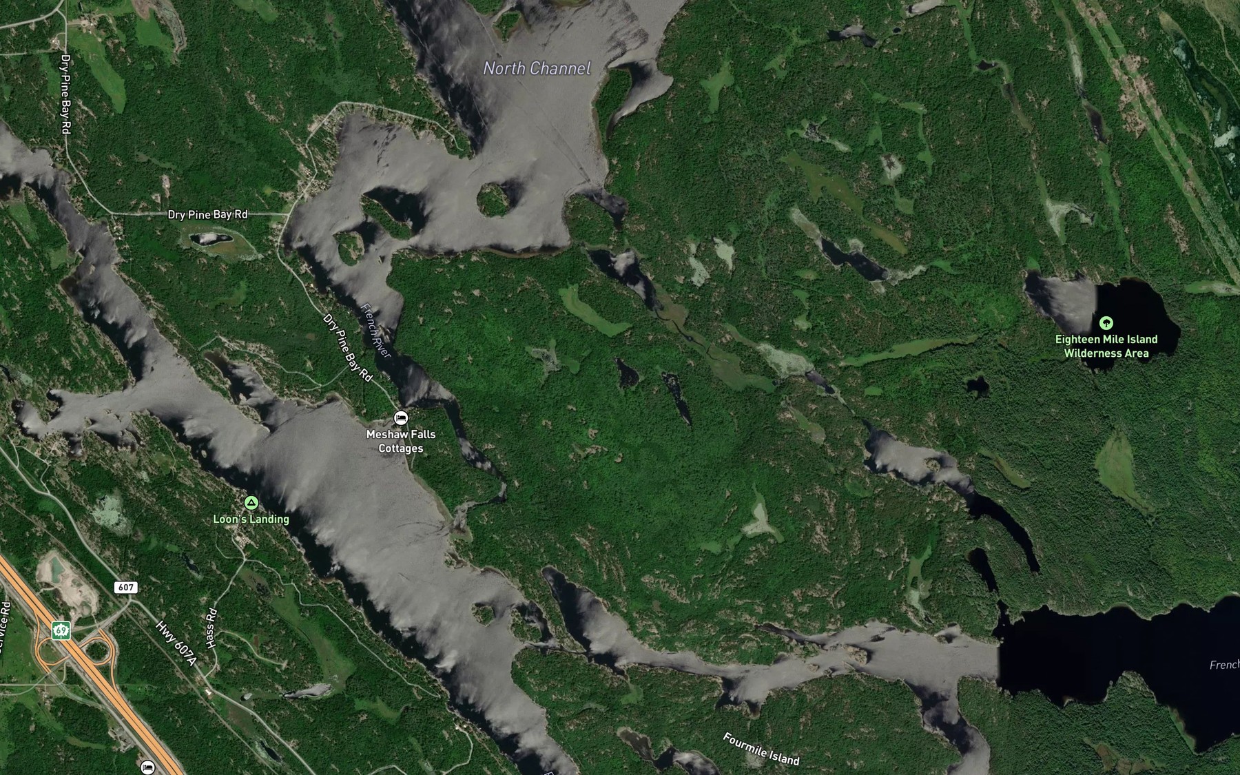 Satellite map of the Dry Pine Bay
