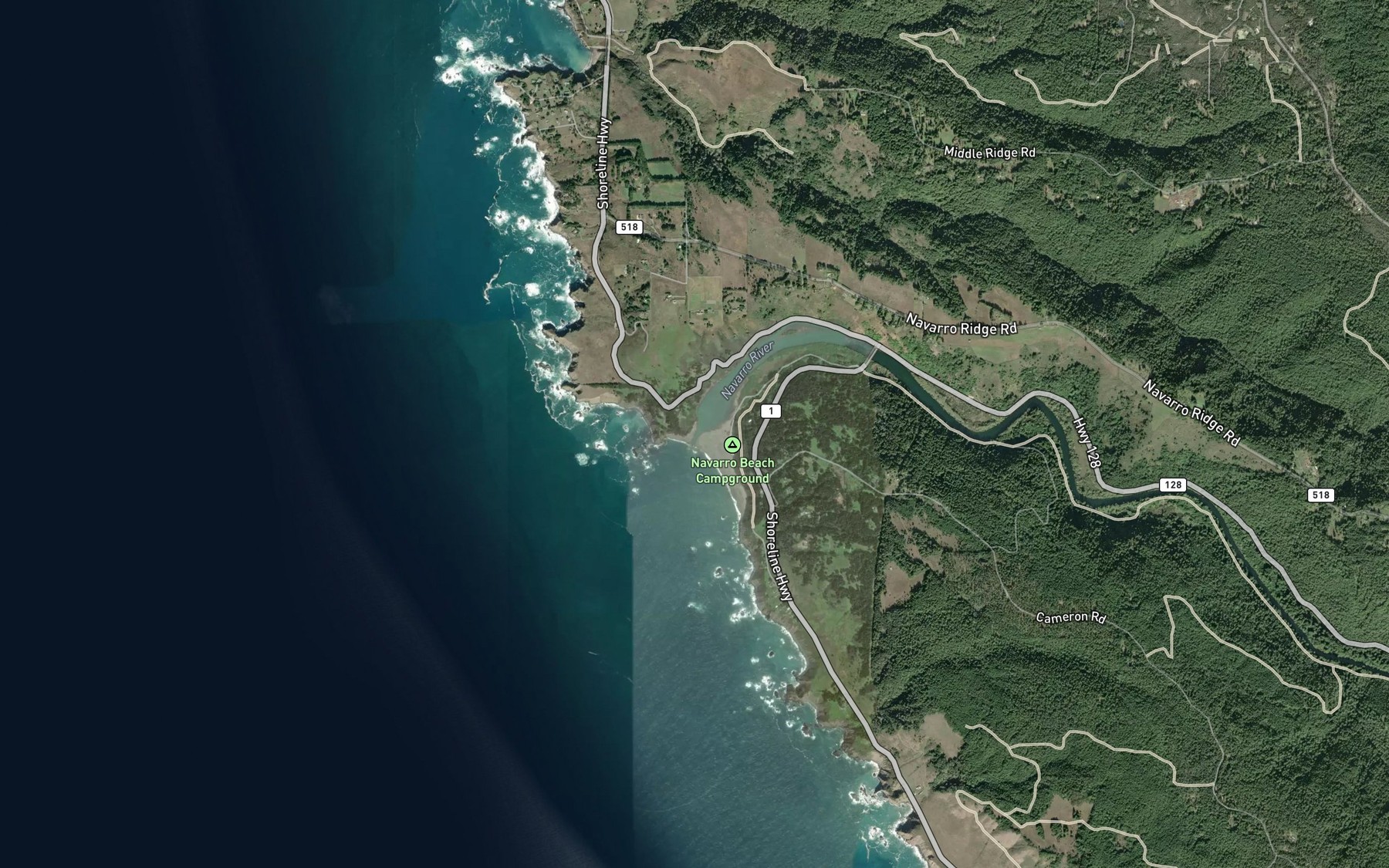 Satellite map of the Navarro River