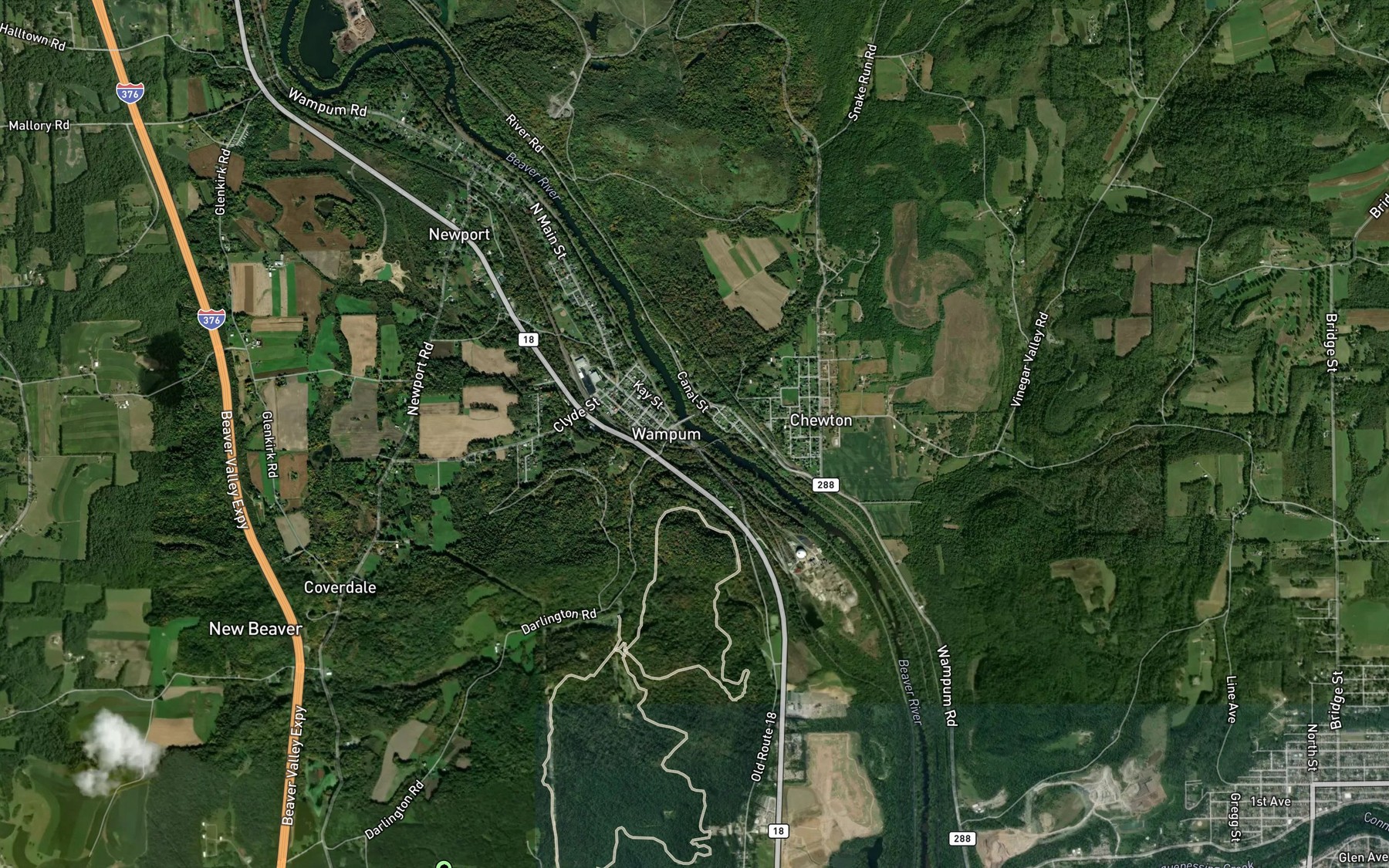 Satellite map of the Wampum Run