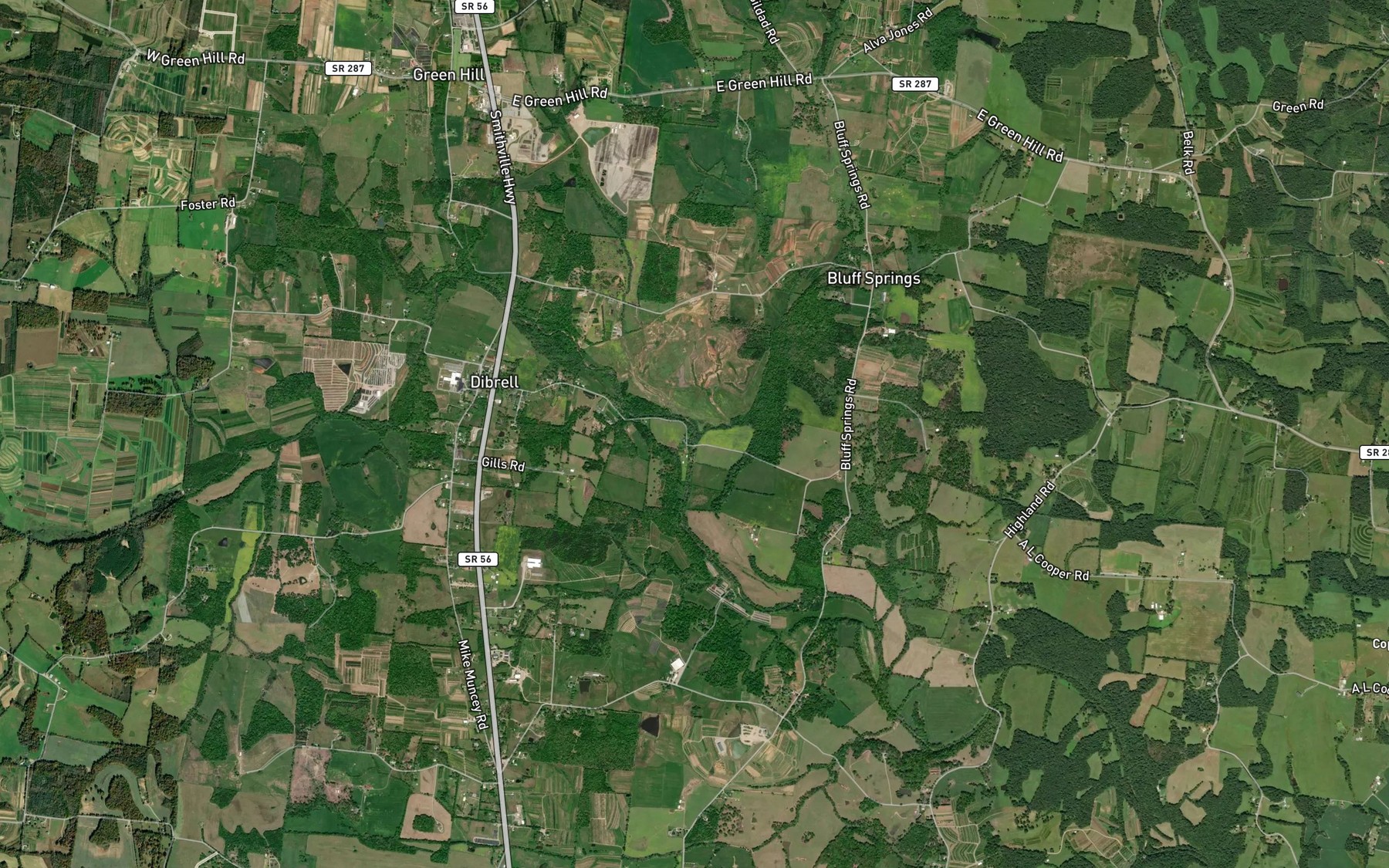 Satellite map of the Bluff Springs Branch