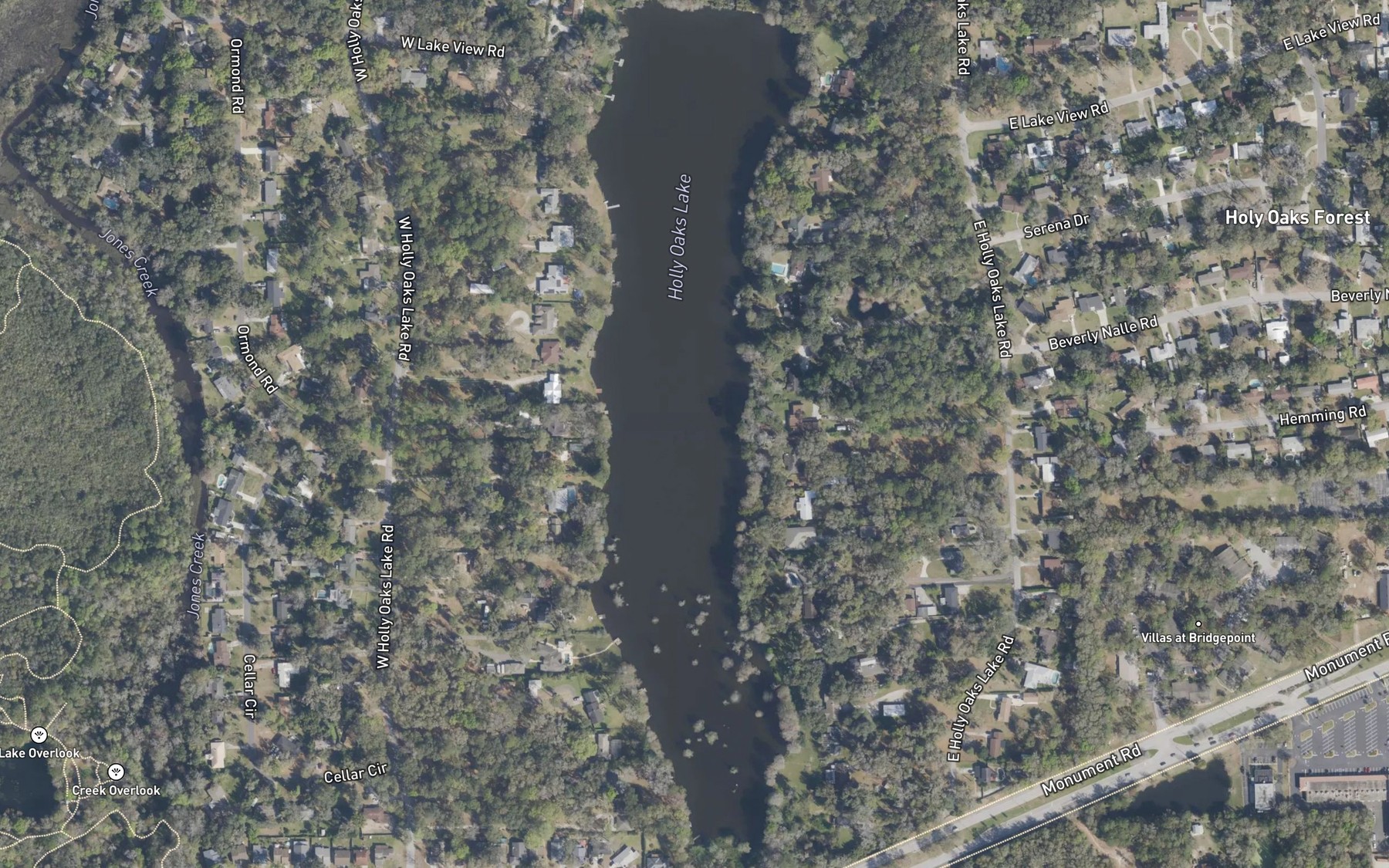 Satellite map of the Holly Oaks Lake