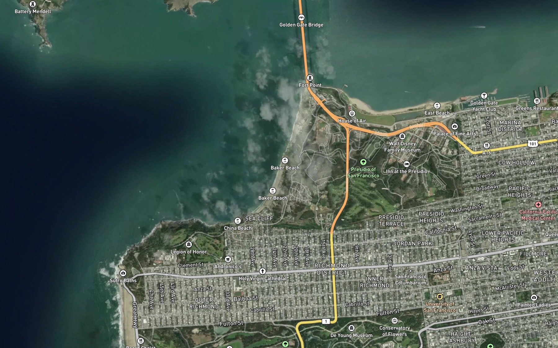 Satellite map of the Baker Beach
