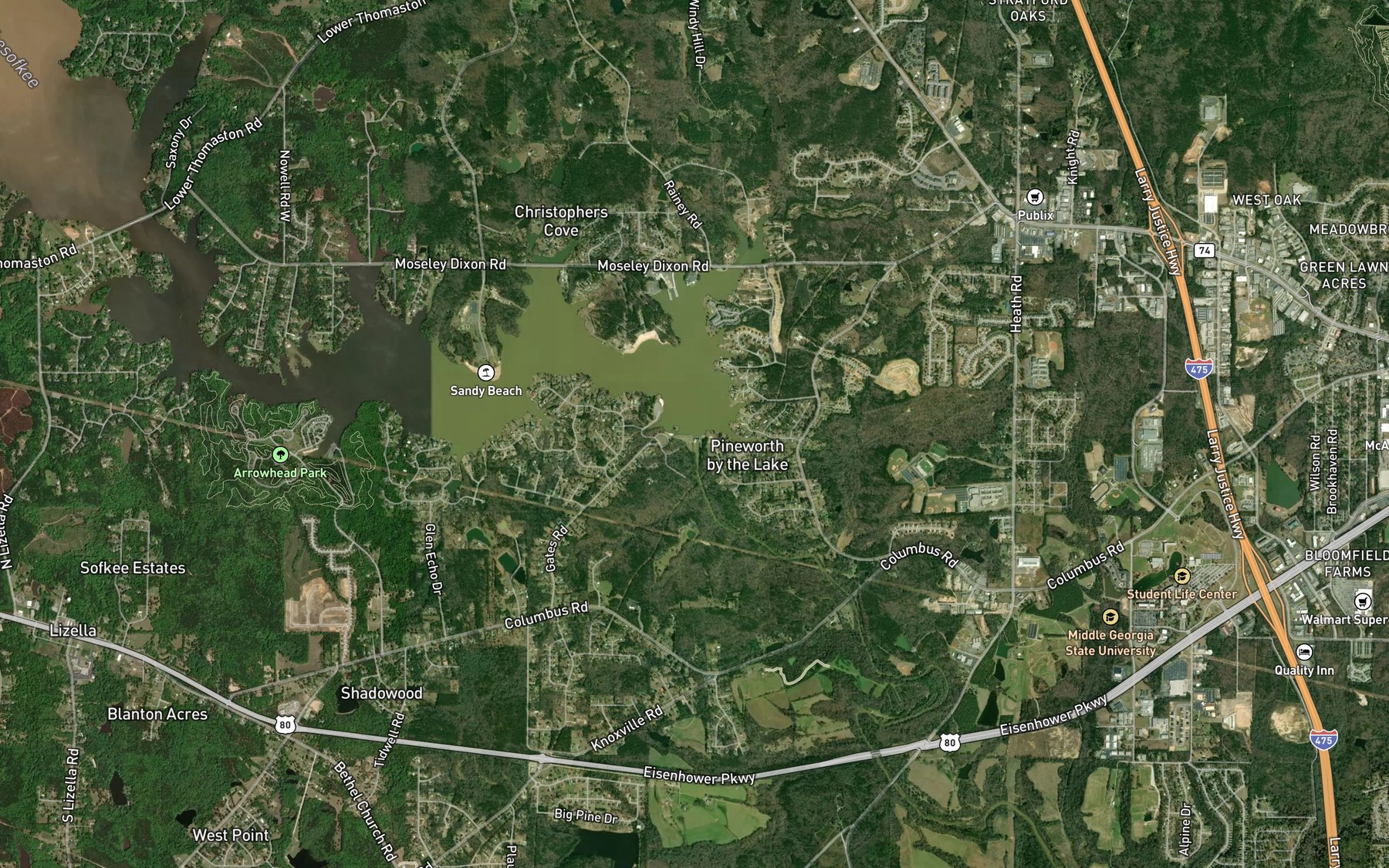 Satellite map of the Tobesofkee Dam