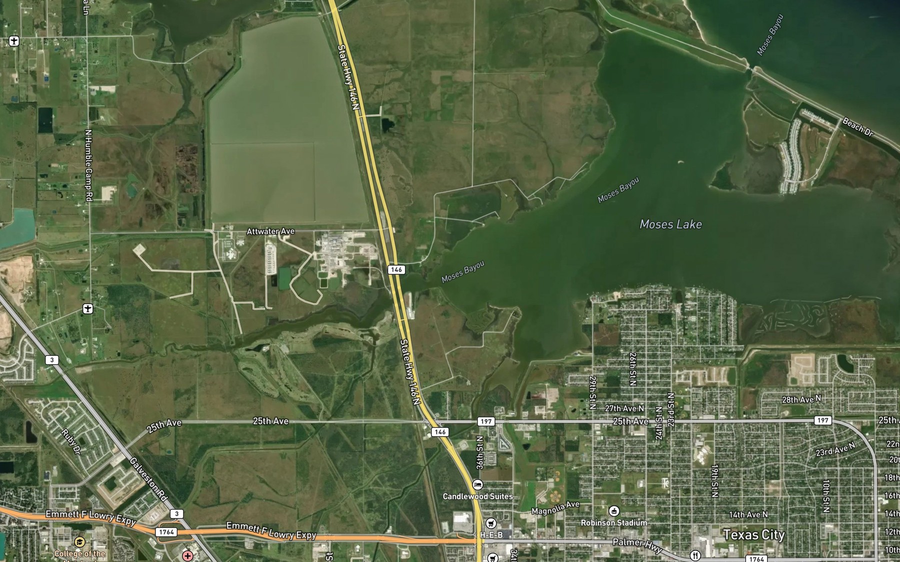 Satellite map of the Moses Bayou