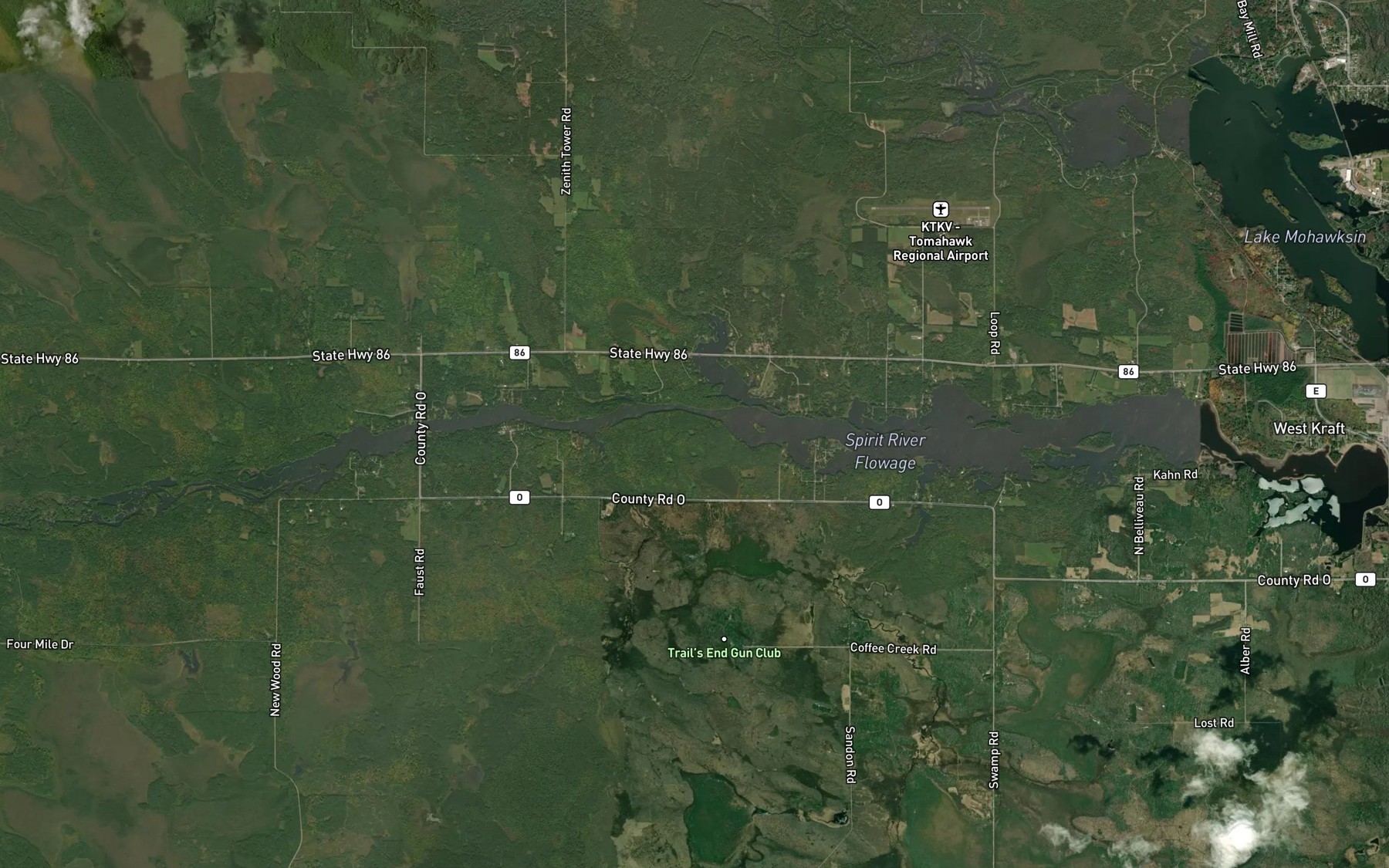Satellite map of the Spirit River Flowage