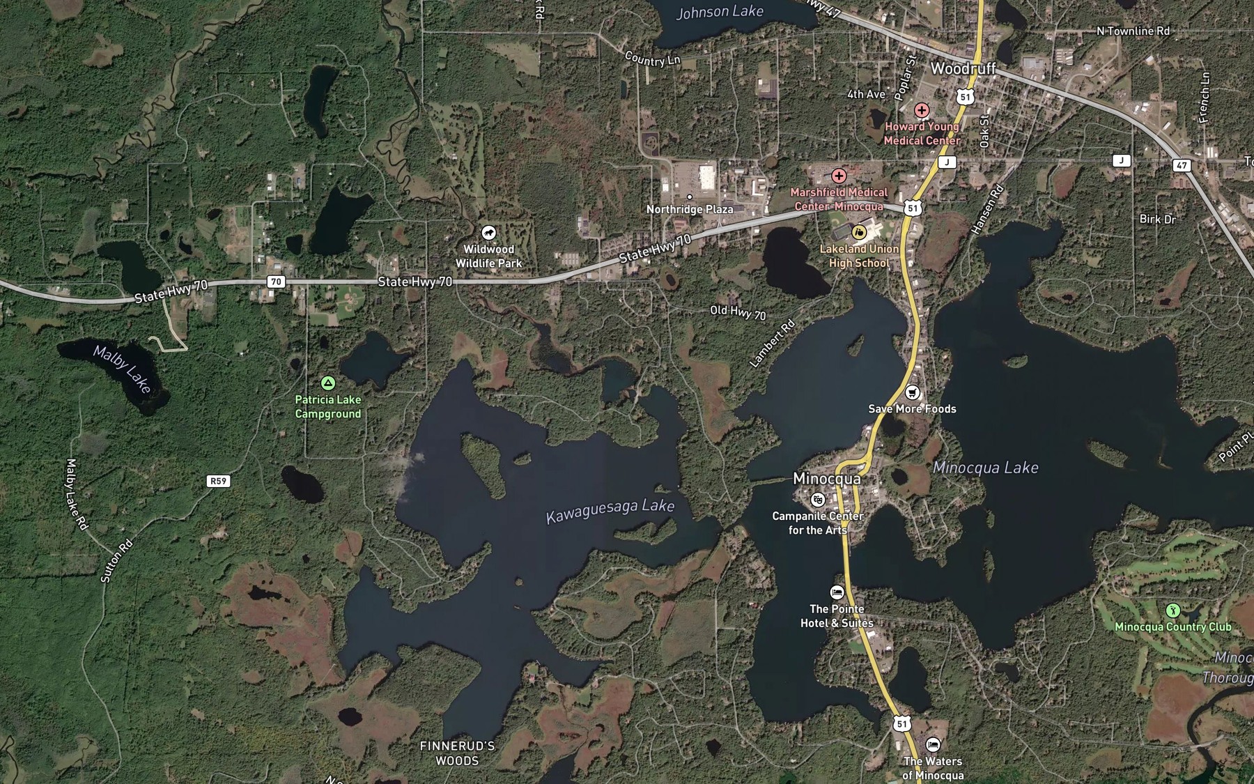 Satellite map of the Minocqua Reservoir 89