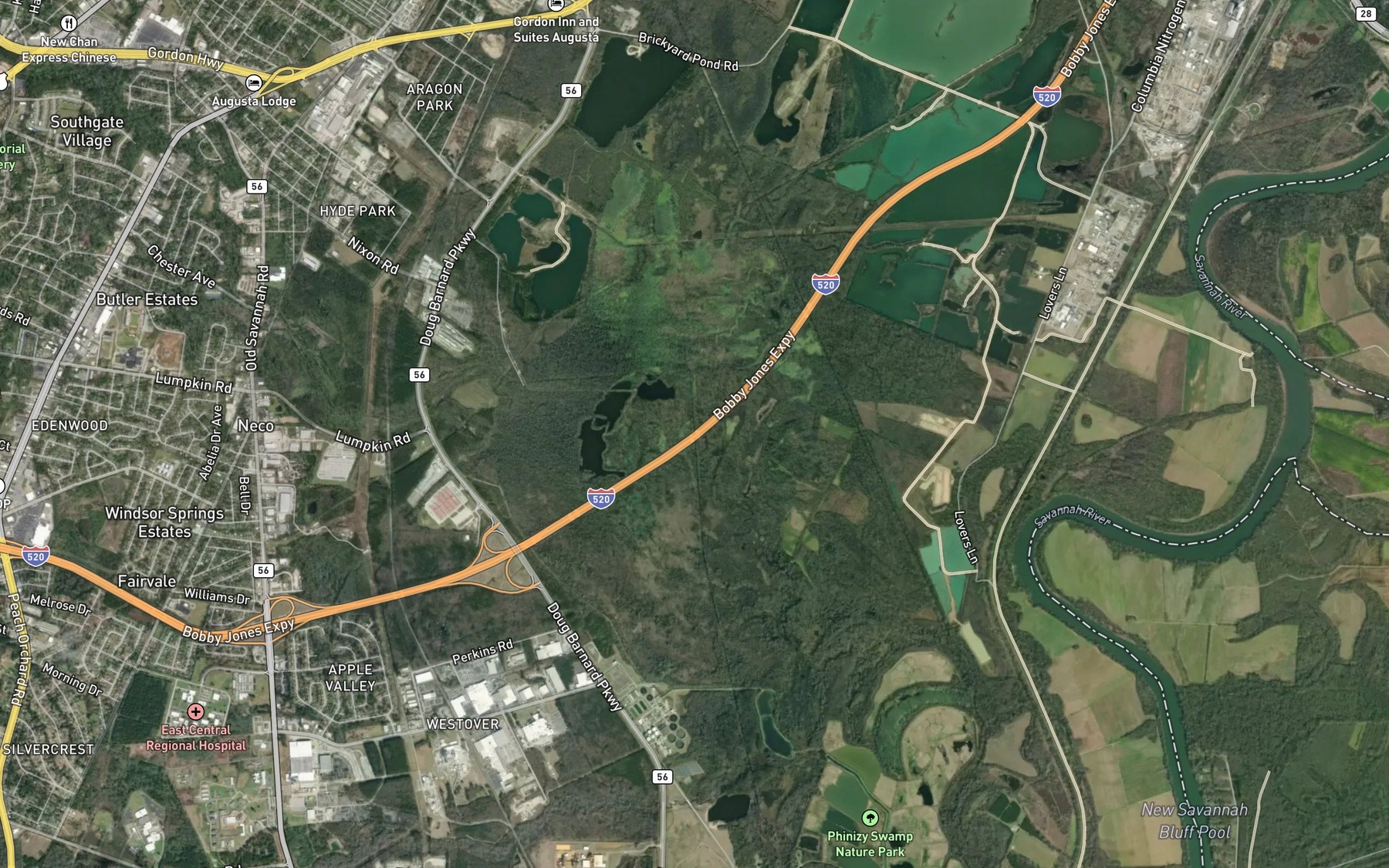 Satellite map of the Phinizy Ditch